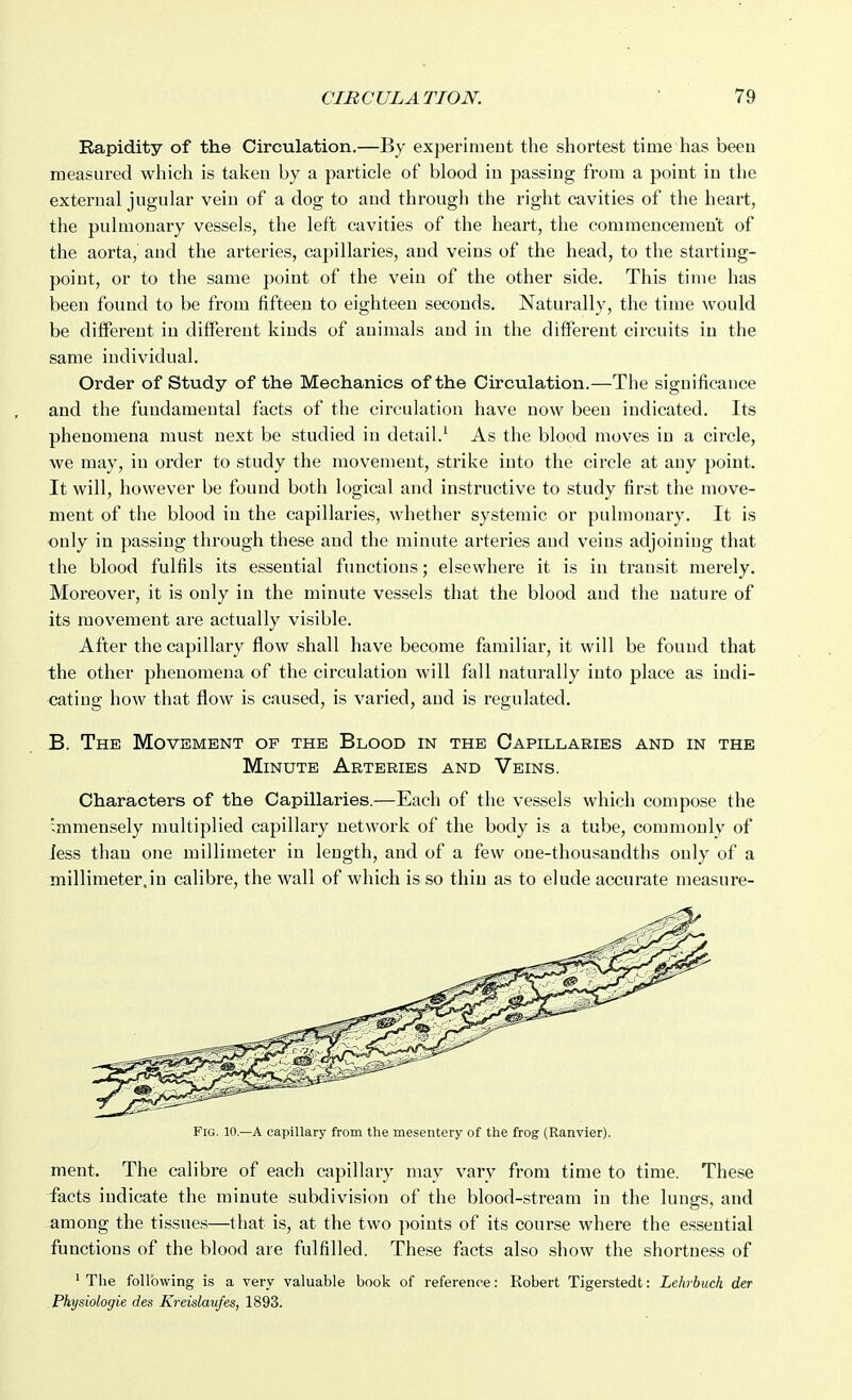 Rapidity of the Circulation.—By experimeut the shortest time has been measured which is taken by a particle of blood in passing from a point in the external jugular vein of a dog to and through the right cavities of the heart, the pulmonary vessels, the left cavities of the heart, the commencement of the aorta, and the arteries, capillaries, and veins of the head, to the starting- point, or to the same point of the vein of the other side. This time has been found to be from fifteen to eighteen seconds. Naturally, the time would be diiferent in different kinds of animals and in the different circuits in the same individual. Order of Study of the Mechanics of the Circulation.—The significance and the fundamental facts of the circulation have now been indicated. Its phenomena must next be studied in detail.' As the blood moves in a circle, we may, in order to study the movement, strike into the circle at any point. It will, however be found both logical and instructive to study first the move- ment of the blood in the capillaries, whether systemic or pulmonary. It is only in passing through these and the minute arteries and veins adjoining that the blood fulfils its essential functions; elsewhere it is in transit merely. Moi-eover, it is only in the minute vessels that the blood and the nature of its movement are actually visible. After the capillary flow shall have become familiar, it will be found that the other phenomena of the circulation will fall naturally into place as indi- cating how that flow is caused, is varied, and is regulated. B. The Movement of the Blood in the Capillaries and in the Minute Arteries and Veins. Characters of the Capillaries.—Each of the vessels which compose the -mmensely multiplied capillary network of the body is a tube, commonly of less than one millimeter in length, and of a few one-thou.sandths only of a millimeter.in calibre, the wall of which is so thin as to elude accurate measure- FiG. 10,—A capillary from the mesentery of the frog (Ranvier). ment. The calibre of each capillary may vary from time to time. These facts indicate the minute subdivision of the blood-stream in the luu^s, and among the tissues—that is, at the two points of its course where the essential functions of the blood are fulfilled. These facts also show the shortness of ' The following is a very valuable book of reference: Robert Tigerstedt: Lehrbuch der Physiologie des Kreislaufes, 1893.