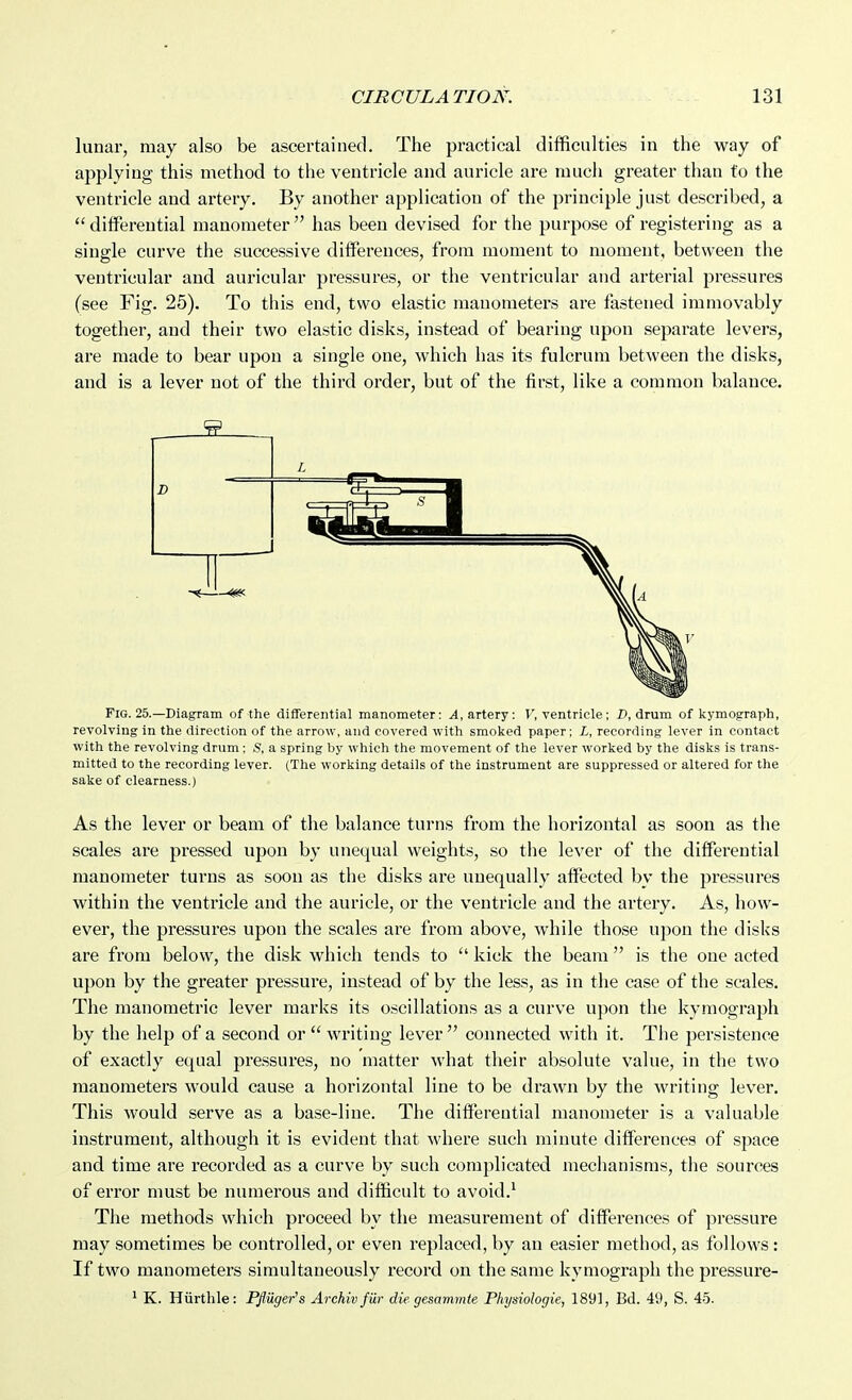 lunar, may also be ascertained. The practical difficulties in the way of applying this method to the ventricle and auricle are mucli greater than to the ventricle and artery. By another application of the principle just described, a  differential manometer  has been devised for the purpose of registering as a single curve the successive differences, from moment to moment, between the ventricular and auricular pressures, or the ventricular and arterial pressures (see Fig. 25). To this end, two elastic manometers are fastened immovably together, and their two elastic disks, instead of bearing upon separate levers, are made to bear upon a single one, which has its fulcrum between the disks, and is a lever not of the third order, but of the first, like a common balance. Fig. 25.—Diagram of the diflfereiitial manometer: A, artery: Y, ventricle: D, drum of kymograph, revolving in the direction of the arrow, and covered with smoked paper; L, recording lever in contact with the revolving drum; S, a spring by which the movement of the lever worked by the disks is trans- mitted to the recording lever. (The working details of the instrument are suppressed or altered for the sake of clearness.) As the lever or beam of the balance turns from the horizontal as soon as the scales are pressed upon by unequal weights, so the lever of the differential manometer turns as soon as the disks are unequally affected by the pressures within the ventricle and the auricle, or the ventricle and the artery. As, how- ever, the pressures upon the scales are from above, while those upon the disks are from below, the disk which tends to  kick the beam  is the one acted upon by the greater pressure, instead of by the less, as in the case of the scales. The manometric lever marks its oscillations as a curve upon the kymograph by the help of a second or  writing lever connected with it. The persistence of exactly equal pressures, no matter what their absolute value, in the two manometers would cause a horizontal line to be drawn by the writing lever. This would serve as a base-line. The differential manometer is a valuable instrument, although it is evident that where such minute differences of space and time are recorded as a curve by such complicated mechanisms, the sources of error must be numerous and difficult to avoid.^ The methods which proceed by the measurement of differences of pressure may sometimes be controlled, or even replaced, by an easier method, as follows: If two manometers simultaneously record on the same kymograph the pressure- * K. Hiirthle: Pfluger's Archiv fur die gesammie Physiologic, 1891, Bd. 49, S. 45.