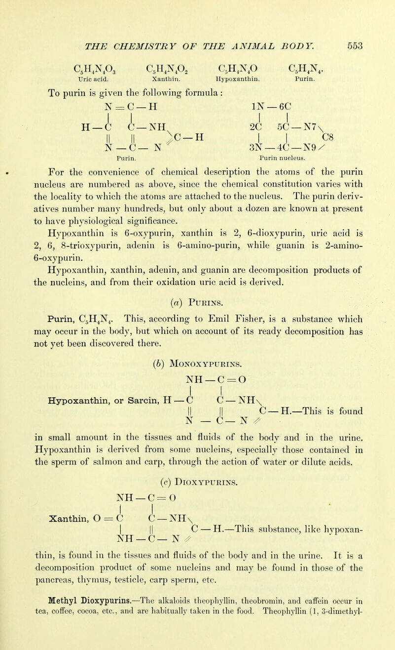 I THE CHEMISTRY OF THE ANIMAL BODY. 553 C,H,NA C,H,NP, C,H,Np C,H,N,. Uric acid. Xanthin. Hypoxanthin. Purin. To purin is given the following formula: N = C —H IN —6C II II H —C C —NH 2C 5C —N7\ II II )C-H I i C8 N—C— N 3N —4C—N9/ Purin. Purin nucleus. For the convenience of chemical description the atoms of the purin nucleus are numbered as above, since the chemical constitution varies with the locality to which tlie atoms are attached to the nucleus. The purin deriv- atives number many hundreds, but only about a dozen are known at present to have physiological significance. Hypoxanthin is 6-oxypurin, xanthin is 2, 6-dioxypurin, uric acid is 2, 6, 8-trioxypurin, adenin is 6-amino-purin, while guanin is 2-amino- 6-oxypurin. Hypoxanthin, xanthin, adenin, and guanin are decomposition products of the nucleins, and from their oxidation uric acid is derived. (a) PURINS. Purin, C5H4N4. This, according to Emil Fisher, is a substance which may occur in the body, but which on account of its ready decomposition has not yet been discovered there. (6) MONOXYPURINS. NH—C=0 I I Hypoxanthin, or Sarcin, H — C C — NH\ li II C —H.—This is found N — C— N /' in small amount in the tissues and fluids of the body and in the urine. Hypoxanthin is derived from some nucleins, especially those contained in the sperm of salmon and carp, through the action of water or dilute acids. (c) DiOXYPURINS. NH — C = 0 ( I Xanthin, O = C C — NH \ I II C — H.—This substance, like hypoxan- NH —C — N :^ thin, is found in the tissues and fluids of the body and in the urine. It is a decomposition product of some nucleins and may be found in those of the pancreas, thymus, testicle, carp sperm, etc. Methyl Dioxypurins.—The alkaloids theophyllin, theobromin, and cafFein occur in tea, coifee, cocoa, etc., and are habituallj' taken in the food. TheophylHn (1, 3-dimethyl-