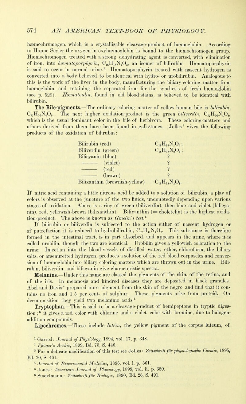 hgemochromogen, which is a crystallizable cleavage-product of haemoglobin. According to Hoppe-Sej'ler the oxygen in oxyhjemoglobin is bound to the haemochroniogen group. Haemochromogen treated with a strong dehydrating agent is converted, with elimination of iron, into hcematoporpliyriii, CieHigNoOa, an isomer of bilirubin. Hismatoporphyrin is said to occur in normal urine.' Hgematoporphyrin treated with nascent hydrogen is converted into a body believed to be identical with hydro- or urobilirubin. Analogous to this is the work of the liver in the body, manufacturing the biliary coloring matter from haemoglobin, and retaining the separated iron for tlie synthesis of fresh haemoglobin (see p. 529). Hcematoidin^ found in old blood-stains, is believed to be identical with bilinxbin. The Bile-pigments.—The ordinary coloring matter of yellow human bile is bilirubm, C32H38N4O6. The next higher oxidation-product is the green hiliverdin, CgjHjjN^Of,, which is the usual dominant color in the bile of herbivora. These coloring-matters and others derived fi'om them have been found in gall-stones. Jolles^ gives the following products of the oxidation of bilirubin : Bilirubin (red) Biliverdin (green) Bilicyanin (blue) (violet) (red) (brown) Bilixanthin (brownish-yellow) If nitric acid containing a little nitrous acid be added to a solution ol bilirubin, a play of colors is observed at the juncture of the two fluids, undoubtedly de])ending upon various stages of oxidation. Above is a ring of green (biliverdin), then blue and violet (bilicya- nin), red, yellowish-brown (bilixanthin). Bilixanthin (= choletelin) is the highest oxida- tion-product. The above is known as Gmelins test} If bilirubin or biliverdin is subjected to the action either of nascent hydrogen or of putrefaction it is reduced to hydrobilirubin, Ca2ll44N407. This substance is therefore formed in the intestinal tract, is in part absorbed, and appears in the urine, where it is called urobilin, though the two are identical. Urobilin gives a yellowish coloration to the urine. Injection into the blood-vessels of distilled water, ether, chloroform, the biliary salts, or arsenuretted hydrogen, produces a solution of the red blood-corpuscles and conver- sion of haemoglobin into biliary coloring matters which are thrown out in the urine. Bili- rubin, biliverdin, and bilicyanin give characteristic spectra. Melanins.—Under this name are classed the pigments of the skin, of the retina, and of the iris. In melanosis and kindred diseases they are deposited in black granules. Abel and Davis * prepared pure pigment from the skin of the negro and find that it con- tains no iron and 1.5 per cent, of sulphur. These pigments arise from proteid. On decomposition they yield two melaninic acids.^ Tryptophan.—This is said to be a cleavage-product of hemipeptone in tryptic diges- tion ; * it gives a red color with chlorine and a violet color with bromine, due to halogen- addition compounds. Lipochromes.—These include lutein, the yellow pigment of the corpus luteum, of 1 Garrod: Journal of Physiology, 1894, vol. 17, p. 348. 2 Pjiiiger's Archiv, 1899, Bd. 75, S. 446. ' For a delicate modification of this test see Jolles: Zeitsehrift fiir physiologische Ckemie, 1895, Bd. 20, S. 461. * Journal of Experimental Medicine, 1896, vol. i. p. 361. * Jones: American Journal of Physiology, 1899, vol. ii. p. 380. 6 Stadelmann : Zeitsehrift fiir Biologic, 1890, Bd. 26, S. 491. ? ? ? ? C,„H,„N,0..