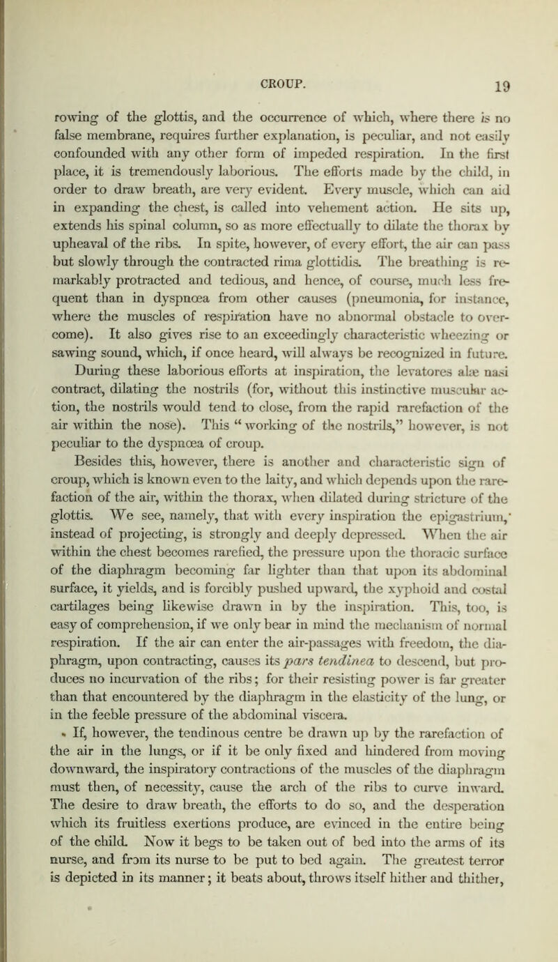 rowing of the glottis, and the occurrence of which, where there is no false membrane, requires further explanation, is peculiar, and not easily confounded with any other form of impeded respiration. In the first place, it is tremendously laborious. The efibrts made by the child, in order to draw breath, are very evident. Every muscle, which can aid in expanding the chest, is called into vehement action. He sits up, extends his spinal column, so as more eflfectually to dilate the thorax by upheaval of the ribs. In spite, however, of every effort, the air can piuss but slowly through the contracted rima glottidis. The breathing is n*- markably protracted and tedious, and hence, of course, much less fn.*- quent than in dyspnoea from other causes (pneumonia, for instance, where the muscles of respiration have no abnormal obstacle to over- come). It also gives rise to an exceedingly characteristic wheezing or sawing sound, which, if once heard, will always be recognized in future. During these laborious efforts at inspiration, the levatores al;e na,-;! contract, dilating the nostrils (for, without this instinctive muscukir ac- tion, the nostrils would tend to close, from the rapid rarefaction of the air within the nose). This “ worldng of the nostrils,” however, is not peculiar to the dyspnoea of croup. Besides this, however, there is another and characteristic sign of croup, which is known even to the laity, and which depends upon the rare- faction of the air, within the thorax, when dilated during stricture of the glottis. We see, namely, that with every inspiration the epigastrium,' instead of projecting, is strongly and deeply depressed When the air within the chest becomes rarefied, the pressure upon the thoracic surface of the diaphragm becoming fixr lighter than that upon its abdominal surface, it yields, and is forcibly pushed upward, the xyphoid and costal cartilages being likewise drawn in by the inspiration. This, t(jo, is easy of comprehension, if we only bear in mind the mechanism of normal respiration. If the air can enter the air-passages with freedom, the dia- phragm, upon contracting, causes its pars tendinea to descend, but pro- duces no incurvation of the ribs; for their resisting power is far grcjiter than that encountered by the diaphragm in the elasticity of the lung, or in the feeble pressure of the abdominal viscera, . If, however, the tendinous centre be drawn up by the rarefaction of the air in the lungs, or if it be only fixed and hindered from moving downward, the inspiratory contractions of the muscles of the diaphragm must then, of necessity, cause the arch of the ribs to cur\-e inward. The desire to draw breath, the efforts to do so, and the desperation which its fruitless exertions produce, are e\dnced in the entire being of the child. Now it begs to be taken out of bed into the arms of its nurse, and from its nurse to be put to bed again. The greatest terror is depicted in its manner; it beats about, throws itself hither and tliither.