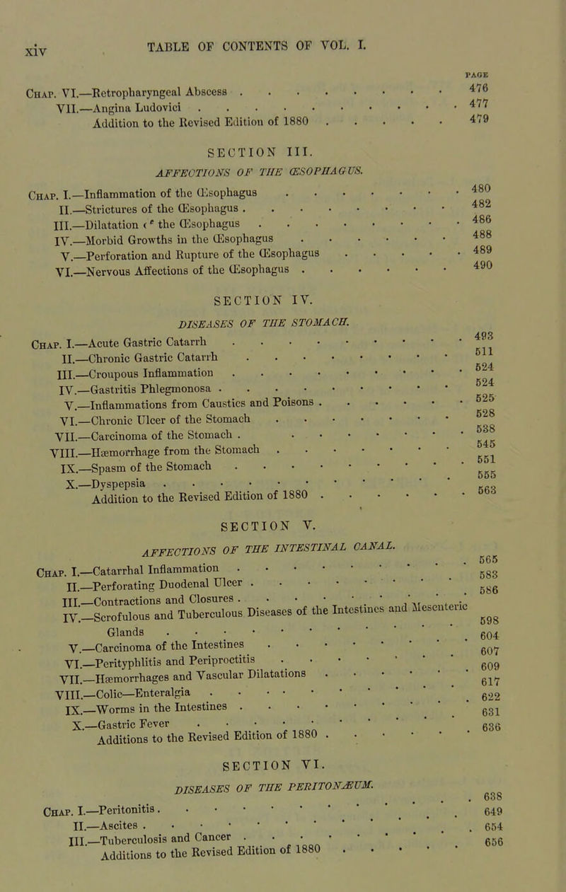 PAOK Chap. VI.—Retropharyngeal Abscess '^'^^ VIL—Angina Ludovici ^'^'^ Addition to the Revised Edition of 1880 479 SECTION III. AFFECTIONS OF THE (ESOPHAGUS. Chap. I.—Inflammation of the (Ksophagus ^80 11—Strictures of the ffisophagus in.—Dilatation c' the QOsophagus '^^^ IV.—Morbid Growths in the (Esophagus v.—Perforation and Rupture of the (Esophagus 489 VI. —Nervous Affections of the (Esophagus 490 SECTION IV. DISEASES OF THE STOMACH. 493 Chap. I.—Acute Gastric Catarrh II—Chronic Gastric Catarrh ^-^^ III. —Croupous Inflammation • IV. —Gastritis Phlegmonosa v.—Inflammations from Caustics and Poisons 525 VI. —Chronic Ulcer of the Stomach VII. —Carcinoma of the Stomach . VIII.—Hcemorrhage from the Stomach IX.—Spasm of the Stomach X.—Dyspepsia Addition to the Revised Edition of 1880 SECTION V. AFFECTIONS OF THE INTESTINAL CANAL. . 565 Chap. I.—Catarrhal Inflammation II— Perforating Duodenal Ulcer ni Contractions and Closures •  * . .* IV.-Scrofulous and Tuberculous Diseases of the Intestines and Mesenteric Glands .604: y—Carcinoma of the Intestines VI—Perityphlitis and Periproctitis VII. —IIJKmorrhages and Vascular Dilatations  61Y VIII. —Colic—Enteralgia ' . 622 IX. Worms in the Intestines X.—Gastric Fever g3g Additions to the Revised Edition of 1880 SECTION VI. DISEASES OF THE PERITONEUM. Chap. I.—Peritonitis , . 649 II.—Ascites , . 654 III— Tuberculosis and Cancer ggg Additions to the Revised Edition of 1880