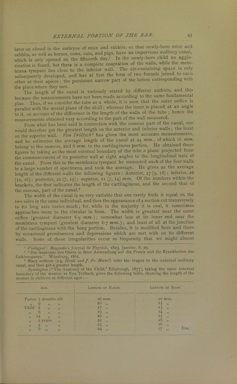 later on closed in the embryos of mice and rabbits, so that newly-born mice and rabbits, as well as horses, cows, cats, and pigs, have an impervious auditory canal, which is only opened on the fifteenth day.1 In the newly-born child no agglu- tination is found, but there is a complete coaptation of the walls, while the mem- brana tympani lies close to the inferior wall. The air-contaming space is only subsequently developed, and has at first the form of two funnels joined to each other at their apices ; the persistent narrow part of the lumen corresponding with the place where they met. The length of the canal is variously stated by different authors, and this because the measurements have not been made according to the same fundamental plan. Thus, if we consider the tube as a whole, it is seen that the outer orifice is parallel with the mesial plane of the skull; whereas the inner is placed at an angle to it, on account of the difference in the length of the walls of the tube ; hence the measurements obtained vary according to the part of the wall measured. From what has been said in connection with the osseous part of the canal, one would therefore get the greatest length on the anterior and inferior walls ; the least on the superior wall. Von Trdltsch~ has given the most accurate measurements, and he estimates the average length of the canal at 24 mm., of which 16 mm. belong to the osseous, and 8 m7ii. to the cartilaginous portion. He obtained these figures by taking as the most external boundary of the tube a plane projected from the commencement of its posterior wall at right angles to the longitudinal -axis of the canal. From this to the membrana tympani he measured each of the four walls in a large number of specimens, and took the average. He gives as the average length of the different walls the following figures : Anterior, 27 (9, 18) ; inferior, 26 (10, 16); posterior, 22 (7, 15); superior, 21 (7, 14) mm. Of the numbers within the brackets, the first indicates the length of the cartilaginous, and the second that of the osseous, part of the canal.3 The width of the canal is so very variable that one rarely finds it equal on the two sides in the same individual, and thus the appearance of a section cut transversely to its long axis varies much ; for, while in the majority it is oval, it sometimes approaches more to the circular in form. The width is greatest near the outer orifice (greatest diameter 8-9 mm.)\ somewhat less at its inner end near the membrana tympani (greatest diameter 6-7/«?«.) ; and least of all at the junction of the cartilaginous with the bony portion. Besides, it is modified here and there by occasional prominences and depressions which are met with on its different walls. Some of these irregularities occur so frequently that we might almost 1 Picdagnel: Magendic s Journal de Physiol., 1823, Janvier, S. 29. 2 “ Die Anatomie des Ohres in ihrer Anwendung auf die Praxis und die Krankheiten des Gehororganes.” Wurzburg, 1861. 3 Many authors (e.g. Henle and J. Fr. Meckel) refer the tragus to the external auditory canal, and thus get a greater length. Symington (“The Anatomy of the Child,” Edinburgh, 1877), taking the same external boundary of the meatus as Von Trbltsch, gives the following table, showing the length of the meatus in children at different ages:— Age. Length of Floor. Length of Roof. Foetus 7 months old 16 mm. 10 mm. 11 9 M if 20 a Child 2 )i 11 17 f • 13 )' n 6 it it 19 H a 12 11 M 20 if '5 11 2 years „ 22 if 16 a 5 a a 23 if 16 a tf 6 u it 24 )1 17 „ Eds.