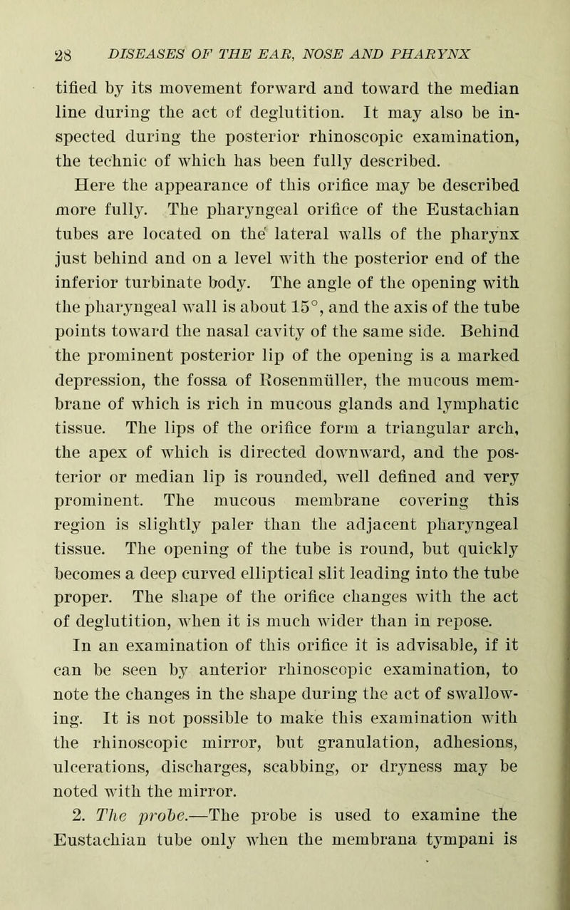 tilled by its movement forward and toward the median line during the act of deglutition. It may also be in- spected during the posterior rhinoscopic examination, the technic of which has been fully described. Here the appearance of this orifice may be described more fully. The pharyngeal orifice of the Eustachian tubes are located on the lateral walls of the pharynx just behind and on a level with the posterior end of the inferior turbinate body. The angle of the opening with the pharyngeal wall is about 15°, and the axis of the tube points toward the nasal cavity of the same side. Behind the prominent posterior lip of the opening is a marked depression, the fossa of Rosenmuller, the mucous mem- brane of which is rich in mucous glands and lymphatic tissue. The lips of the orifice form a triangular arch, the apex of which is directed downward, and the pos- terior or median lip is rounded, well defined and very prominent. The mucous membrane covering this region is slightly paler than the adjacent pharyngeal tissue. The opening of the tube is round, but quickly becomes a deep curved elliptical slit leading into the tube proper. The shape of the orifice changes with the act of deglutition, when it is much wider than in repose. In an examination of this orifice it is advisable, if it can be seen by anterior rhinoscopic examination, to note the changes in the shape during the act of swallow- ing. It is not possible to make this examination with the rhinoscopic mirror, but granulation, adhesions, ulcerations, discharges, scabbing, or dryness may be noted with the mirror. 2. The probe.—The probe is used to examine the Eustachian tube only when the membrana tympani is