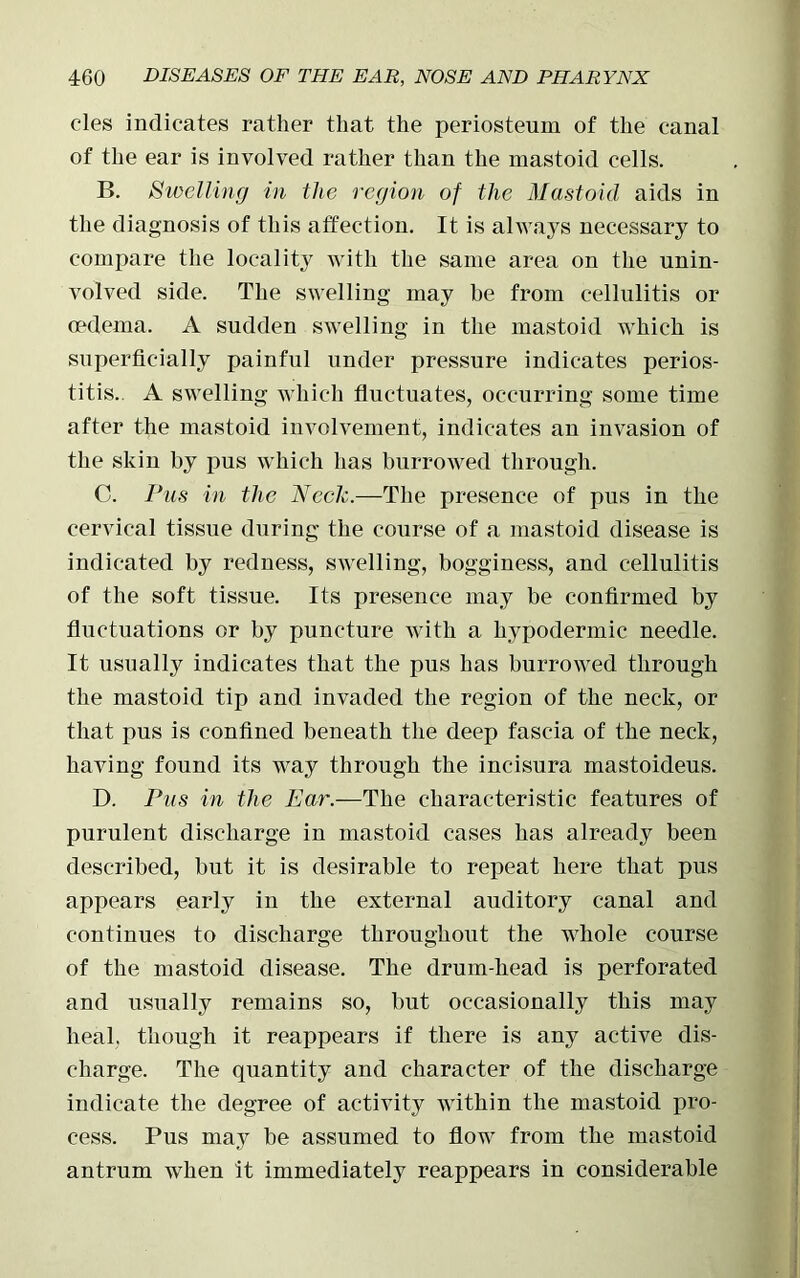 cles indicates rather that the periosteum of the canal of the ear is involved rather than the mastoid cells. B. Swelling in the region of the Mastoid aids in the diagnosis of this affection. It is always necessary to compare the locality with the same area on the unin- volved side. The swelling may be from cellulitis or oedema. A sudden swelling in the mastoid which is superficially painful under pressure indicates perios- titis.. A swelling which fluctuates, occurring some time after the mastoid involvement, indicates an invasion of the skin by pus which has burrowed through. C. Pus in the Neck.—The presence of pus in the cervical tissue during the course of a mastoid disease is indicated by redness, swelling, bogginess, and cellulitis of the soft tissue. Its presence may be confirmed by fluctuations or by puncture with a hypodermic needle. It usually indicates that the pus has burrowed through the mastoid tip and invaded the region of the neck, or that pus is confined beneath the deep fascia of the neck, having found its way through the incisura mastoideus. D. Pus in the Ear.—The characteristic features of purulent discharge in mastoid cases has already been described, but it is desirable to repeat here that pus appears early in the external auditory canal and continues to discharge throughout the whole course of the mastoid disease. The drum-head is perforated and usually remains so, but occasionally this may heal, though it reappears if there is any active dis- charge. The quantity and character of the discharge indicate the degree of activity within the mastoid pro- cess. Pus may be assumed to flow from the mastoid antrum when it immediately reappears in considerable