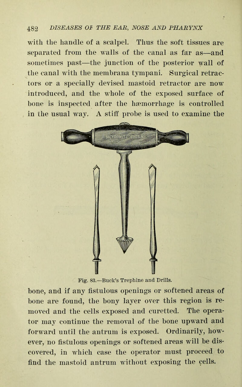 with the handle of a scalpel. Thus the soft tissues are separated from the walls of the canal as far as—and sometimes past—the junction of the posterior wall of the canal with the membrana tympani. Surgical retrac- tors or a specially devised mastoid retractor are now introduced, and the whole of the exposed surface of bone is inspected after the haemorrhage is controlled in the usual way. A stiff probe is used to examine the Fig. 83.—Buck’s Trephine and Drills. bone, and if any fistulous openings or softened areas of bone are found, the bony layer over this region is re- moved and the cells exposed and curetted. The opera- tor may continue the removal of the bone upward and forward until the antrum is exposed. Ordinarily, how- ever, no fistulous openings or softened areas will be dis- covered, in which case the operator must proceed to find the mastoid antrum without exposing the cells.