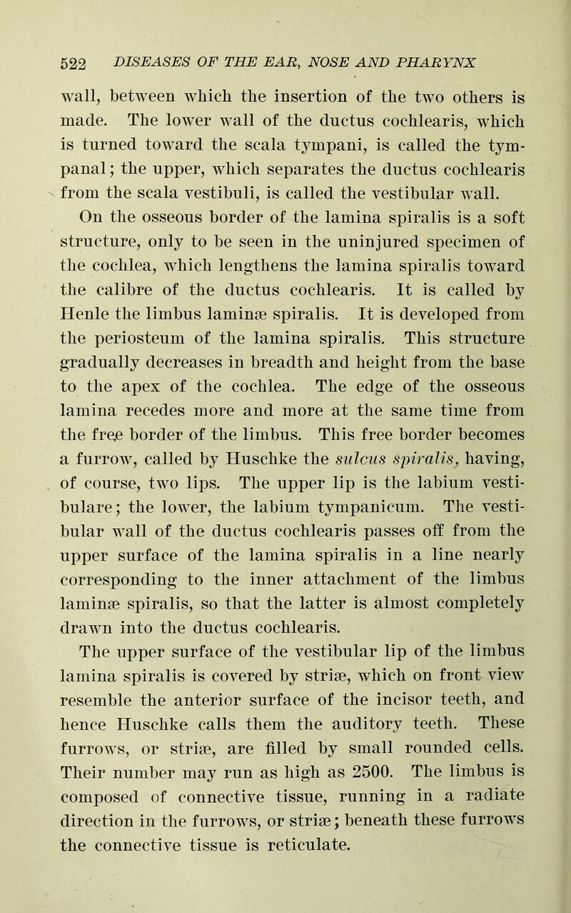 wall, between which the insertion of the two others is made. The lower wall of the ductus coc-hlearis, which is turned toward the scala tympani, is called the tym- panal ; the upper, which separates the ductus coc-hlearis from the scala vestibuli, is called the vestibular wall. On the osseous border of the lamina spiralis is a soft structure, only to be seen in the uninjured specimen of the cochlea, which lengthens the lamina spiralis toward the calibre of the ductus coclilearis. It is called by Henle the limbus laminae spiralis. It is developed from the periosteum of the lamina spiralis. This structure gradually decreases in breadth and height from the base to the apex of the cochlea. The edge of the osseous lamina recedes more and more at the same time from the free border of the limbus. This free border becomes a furrow, called by Huschke the sulcus spiralis, having, of course, two lips. The upper lip is the labium vesti- bulare; the lower, the labium tympanicum. The vesti- bular wall of the ductus cochlearis passes off from the upper surface of the lamina spiralis in a line nearly corresponding to the inner attachment of the limbus laminae spiralis, so that the latter is almost completely drawn into the ductus cochlearis. The upper surface of the vestibular lip of the limbus lamina spiralis is covered by striae, which on front view resemble the anterior surface of the incisor teeth, and hence Huschke calls them the auditory teeth. These furrows, or striae, are filled by small rounded cells. Their number may run as high as 2500. The limbus is composed of connective tissue, running in a radiate direction in the furrows, or striae; beneath these furrows the connective tissue is reticulate.