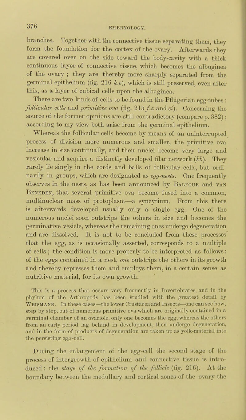 EMBRYOT.OGY. brandies. Together with the connective tissue separating them, they form the foundation for the cortex of the ovary. Afterwards they are covered over on the side toward the body-cavity with a thick continuous layer of connective tissue, which becomes the albuginea of the ovary ; they are thereby more sharply separated from the germinal epithelium (fig. 216 Ice), which is still preserved, even after this, as a layer of cubical cells upon the albuginea. There are two kinds of cells to be found in the Pfliigerian egg-tubes : follicular cells and jjrimitive ova (fig. 215 f.z and ei). Concerning the source of the former opinions are still contradictory (compai'e p. 382); according to my view both arise from the germinal epithelium. Whereas the follicular cells become by means of an uninteri-upted process of division more numerous and smaller, the primitive ova increase in size continually, and then- nuclei become very large and vesicvilar and acquire a distinctly developed filar network (kb). They rarely lie singly in the cords and balls of follicular cells, but ordi- narily in groups, which are designated as egg-nests. One frequently observes in the nests, as has been announced by Balfour and van Beneden, that several primitive ova become fused into a common, multinuclear mass of protoplasm—a syncytium. From this there is afterwards developed usually only a single egg. One of the numerous nuclei soon outstrips the others in size and becomes the germinative vesicle, whereas the remaining ones undergo degeneration and are dissolved. It is not to be concluded from these processes that the egg, as is occasionally asserted, corresponds to a multiple of cells; the condition is more properly to be interpreted as follows: of the eggs contained in a nest, one outstrips the others in its growth and thereby represses them and employs them, in a certain sense as nutritive material, for its own growth. This is a process that occurs very frequently in Invertebrates, and in the phylum of the Ai-tbropods has been studied with the greatest detail by WbismANN. In these cases—the lower Crustacea and Insects—one can see how, step by step, out of numerous primitive ova which are originally contained in a germinal chamber of an ovariole, only one becomes tlie egg, whereas the others from an early period lag behind in development, then undergo degeneration, and in the form of products of degeneration arc taken up as yolk-material into the persisting egg-cell. During the enlargement of the egg-cell the second stage of the process of intergrowth of epithelium and connective tissue is intro- duced : the slage of the formation of t/te follicle (fig. 216). At the boundary between the medullai-y and cortical zones of the ovai-y the