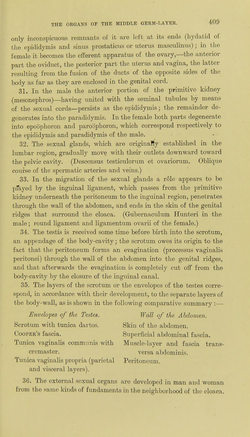 only inconspicuous remnants of it are left at its ends (hydatid of tlie epididymis and sinus prostatious or uterus masculinus) ; in i,ho female it becomes the efferent apparatus of the ovary,—the anterior part the oviduct, the posterior part the uterus and vagina, the latter resulting from the fusion of the ducts of the opposite sides of the body as far as they are enclosed in the genital cord. 31. In the male the anterior portion of the primitive kidney (mesonephros)—having united with the seminal tubules by means of the sexual cords—persists as the epididymis; the remainder de- generates into the paradidymis. In the female both parts degenerate into epobphoron and paroophoron, which correspond respectively to the epididymis and paradidymis of the male. 32. The sexual glands, which are originaSy established in the lumbar region, gradually move with their outlets downward toward the pelvic cavity. (Descensus testiculorum et ovariorum. Oblique course of the spermatic arteries and veins.) 33. In the migration of the sexual glands a role appears to be pfayed by the inguinal ligament, which passes from the primitive kidney underneath the peritoneum to the inguinal region, penetrates through the wall of the abdomen, and ends in the skin of the genital ridges that siuround the cloaca. (Gubernaculum Hunteri in the male; round ligament and ligamentum ovarii of the female.) 34. The testis is received some time before birth into the scrotum, an appendage of the body-cavity; the scrotum owes its origin to the fact that the peritoneum forms an evagination (processus vaginalis peritonei) through the wall of the abdomen into the genital ridges, and that afterwards the evagination is completely cut off from the body-cavity by the closure of the inguinal canal. 35. The layers of the scrotum or the envelopes of the testes corre- spond, in accordance with their development, to the separate layers of the body-wall, as is shown in the following comparative summary :— Envelopes of the Testes. Wall of the Abdomen. Scrotum with tunica dartos. Skin of the abdomen. Cooper's fascia. Superficial abdominal fascia. Tunica vaginalis communis with Muscle-layer and fascia trans- cremaster. versa abdominis. Tunica vaginalis propria (parietal Peritonevim. and visceral layers). 36. The external sexual organs are developed in man and woman from the same kinds of fundaments in the neighborhood of the cloaca.