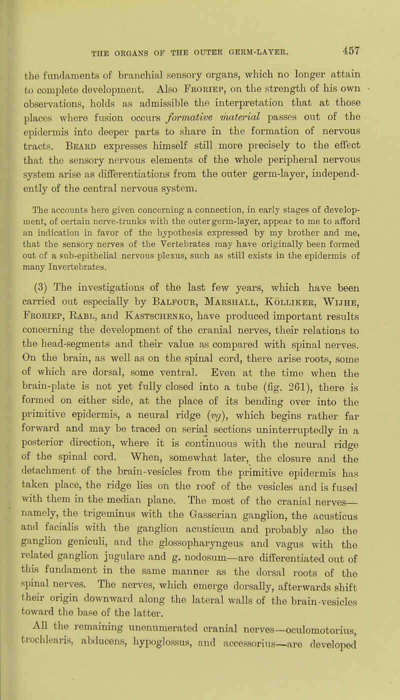 the fundaments of branchial sensory organs, which no longer attain to complete development. Also Fkoriep, on tlie strength of his own observations, holds as admissible the interpretation that at those places where fusion occurs formative material passes out of the epidermis into deeper parts to share in the formation of nervous tracts. Beard expresses himself still more precisely to the effect that the sensory nervous elements of the whole peripheral nervous system arise as differentiations from the outer germ-layer, independ- ently of the central nervous system. The accounts here given concerning a connection, in early stages of develop- ment, of certain nerve-trunks with the outer germ-layer, appear to me to afford an indication in favor of the hypothesis expressed by my brother and me, that the sensory nerves of the Vertebrates may have originally been formed out of a sub-epithelial nervous plexus, such as still exists in the epidermis of many Invertebrates. (3) The investigations of the last few years, which have been carried out especially by Balfour, Marshall, Kolliker, Wijhe, Froriep, Rabl, and Kastschenko, have produced important results concerning the development of the cranial nerves, their relations to the head-segments and their value as compared with spinal nerves. On the brain, as well as on the spinal cord, there arise roots, some of which are dorsal, some ventral. Even at the time when the brain-plate is not yet fully closed into a tube (fig. 261), there is formed on either side, at the place of its bending over into the primitive epidermis, a neural ridge {vg), which begins rather far forward and may be traced on serial sections uninterruptedly in a posterior direction, where it is continuous with the neural ridse of the spinal cord. When, somewhat later, the closure and the detachment of the brain-vesicles from the primitive epidermis has taken place, the ridge lies on the roof of the vesicles and is fused with them in the median plane. The most of the cranial nerves namely, the trigeminus with the Gasserian ganglion, the acusticus and facialis with the ganglion acusticum and probably also the ganglion geniculi, and the glossopharyngeus and vagus with the related ganglion jugulare and g. nodosum—are differentiated out of this fundament in the same manner a.s the dorsal roots of the spinal nerves. The nerves, which emerge dorsally, afterwards shift their origin downward along the lateral walls of the brain-vesicles toward the base of the latter. All the remaining unenumerated cranial nerves—oculomotorius, trochlf-aris, abducens, hypoglo.ssus, and accessorius—are developed