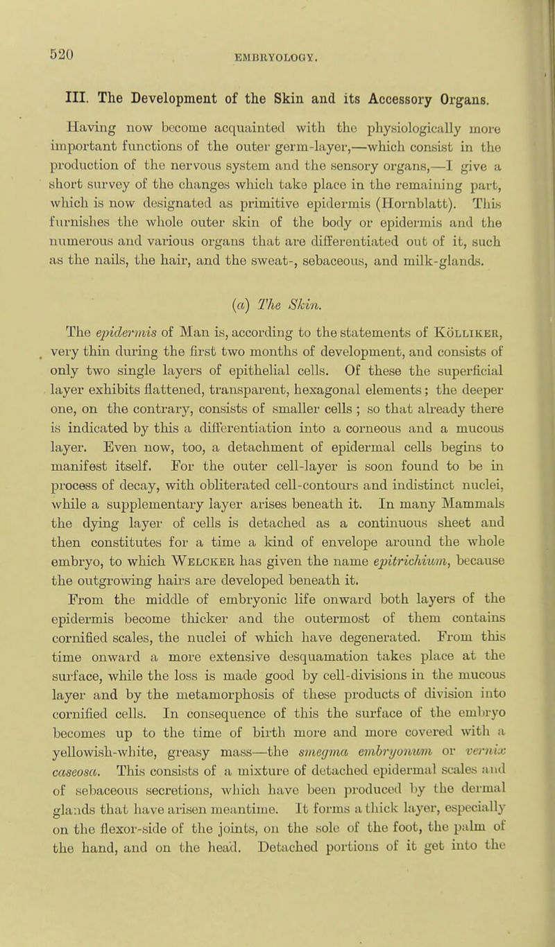 III. The Development of the Skin and its Accessory Organs. Having now become acquainted with the physiologically more important functions of the outer germ-layer,—which consist in tlie production of the nervous system and the sensory organs,—I give a short survey of the changes which take place in the remaining part, which is now designated as primitive epidermis (Hornblatt). This furnishes the whole oviter skin of the body or epidermis and the numerous and various organs that are differentiated out of it, such as the nails, the hair, and the sweat-, sebaceous, and milk-glands. («) The Skin. The epidermis of Man is, according to the statements of Kollikek, very thin during the first two months of development, and consists of only two single layers of epithelial cells. Of these the superficial layer exhibits flattened, transparent, hexagonal elements; the deeper one, on the contrary, consists of smaller cells ; so that already there is indicated by this a differentiation into a corneous and a mucous layer. Even now, too, a detachment of epidermal cells begins to manifest itself. For the outer cell-layer is soon found to be in process of decay, with obliterated cell-contours and indistinct nuclei, while a supplementary layer arises beneath it. In many Mammals the dying layer of cells is detached as a continuous sheet and then constitutes for a time a kind of envelope around the whole embryo, to which Welcker has given the name epitrichium, because the outgrowing haii'S are developed beneath it. From the middle of embryonic life onward both layers of the epidermis become thicker and the outermost of them contains cornified scales, the nuclei of which have degenerated. From this time onward a more extensive desquamation takes place at the sui'face, while the loss is made good by cell-divisions in the mucous layer and by the metamorphosis of these products of division into cornified cells. In consequence of this the surface of the embryo becomes up to the time of birth more and more covered with a yellowish-Avhite, greasy mass—the smeyma emhryoimm or vernix caseusa. This consists of a mixture of detached epidermal scales and of sebaceous secretions, which have been produced by the dermal glands that have arisen meantime. It forms a thick layer, especially on the flexor-side of the joints, on the sole of the foot, the palm of the hand, and on the head. Detached portions of it get into the