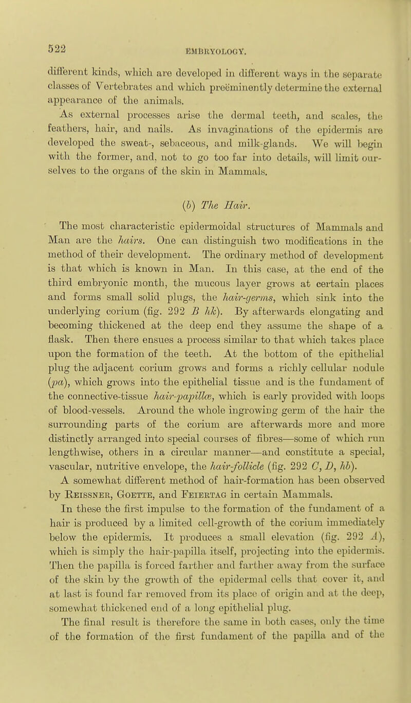 different kinds, which are developed in different ways in the separate dassesof Vertebrates and which preeminently determine the external appearance of the animals. As external processes arise the dermal teeth, and scales, the feathers, hair, and nails. As invaginations of the epidermis are developed the sweat-, sebaceous, and milk-glands. We will begin with the formei', and, not to go too far into details, will limit our- selves to the organs of the skin in Mammals. {b) The Hair. The most characteristic epidermoidal structures of Mammals and Man are the hairs. One can distinguish two modifications in the method of their development. The ordinary method of development is that which is known in Man. In this case, at the end of the third embryonic month, the mucous layer grows at certain places and forms small solid plugs, the hair-germs, which sink into the underlying corium (fig. 292 B hk). By afterwards elongating and becoming thickened at the deep end they assume the shape of a flask. Then there ensues a process similar to that which takes place upon the formation of the teeth. At the bottom of the epithelial plug the adjacent corium grows and forms a richly cellular nodule (pa), which grows into the epithelial tissue and is the fundament of the connective-tissue hair-jmpiUce, which is early provided with loops of blood-vessels. Around the whole ingrowing germ of the hair the surrounding parts of the corium are afterwards more and more distinctly arranged into special courses of fibres—some of which run lengthwise, others in a circular manner—and constitute a special, vascular, nutritive envelope, the hair-follicle (fig. 292 C, D, hb). A somewhat different method of hair-formation has been observed by Reissner, Goette, and Feiertag in certain Mammals. In these the first impulse to the formation of the fundament of a hail is pi'oduced by a limited cell-growth of the corium immediately below the epidermis. It produces a small elevation (fig. 292 ^1), which is simply the hair-pnpilla itself, projecting into the epidermis. Then the papilla is forced farther and farther away from the surface of the skin by the growth of the epidermal cells that cover it, and at last is found far removed from its place of origin and at the deep, somewhat tliickened end of a long epithelial plug. The final result is therefore the same in both cases, only the time of the formation of the first fundament of the papilla and of the