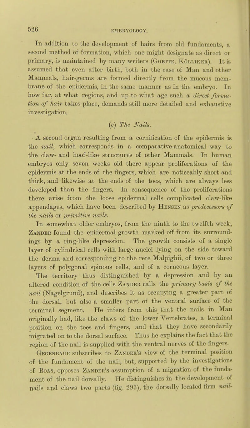 In addition to the development of hairK from old fundaments, a second method of formation, which one might designate as dii'cct or pinmary, is maintained by many writers (Goette, Kolliker). It is assumed that even after birth, both in the case of Man and other Mammals, hair-germs are formed directly from the mucous mem- brane of the epidermis, in the same manner as in the embryo. In how far, at what regions, and up to what age such a direct forma- tion of hair takes place, demands still more detailed and exhaustive investigation. (c) The Nails. ■ A second organ resulting from a cornification of the epidermis is the nail, which corresponds in a comparative-anatomical way to the claw- and hoof-like structures of other Mammals. In human embryos only seven weeks old there appear proliferations of the epidermis at the ends of the fingers, which are noticeably short and thick, and likewise at the ends of the toes, which are always less developed than the fingers. In consequence of the proliferations there arise from the loose epidermal cells complicated claw-like appendages, which have been described by Hensen as predecessors of the nails or 2:>ri7jiitive nails. In somewhat older embryos, from the ninth to the twelfth week, Zander found the epidermal growth marked off from its surround- ings by a ring-like depression. The growth consists of a single layer of cylindrical cells with large nuclei lying on the side toward the derma and corresponding to the rete Malpighii, of two or three layers of polygonal spinous cells, and of a corneous layer. The territory thus distinguished by a depression and by an altered condition of the cells Zander calls the primary basis of tlie nail (Nagelgi-und), and describes it as occupying a greater part of the dorsal, but also a smaller part of the ventral surface of the terminal segment. He infers from this that the naOs in INIan originally had, like the claws of the lower Vertebrates, a terminal position on the toes and fingers, and that they have secondarily migrated on to the dorsal surface. Thus he explains the fact that the region of the nail is supplied with the ventral nerves of the fingei-s. Gegenbaur subscribes to Zander's view of the terminal position of the fundament of the nail, but, supported by the investigations of Boas, opposes Zander's assumption of a migration of the funda- ment of the nail dorsally. He distinguishes in the development of nails and claws two parts (fig. 293), the dorsally located firm nail-