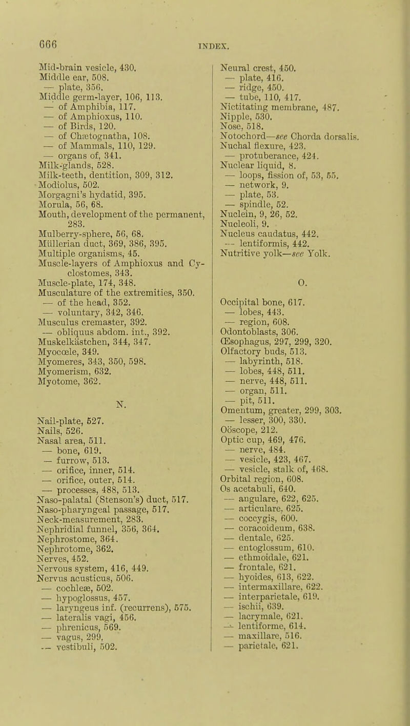 G66 Mid-brain vesicle, 430, Middle ear, 508. — plate, l-55(!. Middle germ-layer, 106, 113. — of Amphibia, 117. — of Amphioxus, 110. — of Birds, 120. — of ChiKtognatlia, 108. — of Mammals, 110, 129. — organs of, 341. Milk-glands, 628. Milk-teeth, dentition, 309, 312. Modiolus, 502. Morgagni's hydatid, 395. Morula, 56, 68. Mouth, development of the permanent, 283. Mulberry-sphere, 56, 68. Miillerian duct, 369, 386, 395. Multiple organisms, 45. Muscle-layers of Amphioxus and Cy- clostomes, 343. Muscle-plate, 174, 348. Musculature of the extremities, 350. — of the head, 352. — voluntary, 342, 346. Musculus cremaster, 392. — obliquus abdom. int., 392. Muskelkastchen, 344, 347. Myocoele, 349. Myomeres, 343, 350, 598. Myomerism, 632. Myotome, 362. N. Nail-plate, 527. Nails, 526. Nasal area, 511. — bone, 619. — furrow, 513. — orifice, inner, 514. — orifice, outer, 514. — processes, 488, 513. Naso-palatal (Stenson's) duct, 517. Naso-pharyngeal passage, 517. Neck-measurement, 283. Nephridial funnel, 356, 364. Nephrostome, 364. Nephrotome, 362. Nerves, 452. Nervous system, 416, 449. Nervus acusticus, 606. — cochleae, 502. — hypoglossus, 457. — laryngeus inf. (recurrens), 575. — lateralis vagi, 456. — phrenicus, 569. — vagus, 299. — vestibuli, 502. Neural crest, 450. — plate, 416. — ridge, 450. — tube, 110, 417. Nictitating membrane, 487. Nipple, 530. Nose, 518. Notochord—iffie Chorda dorsalis Nuchal flexure, 423. — protuberance, 424. Nuclear liquid, 8. — loops, fission of, 53, 65. — network, 9. — plate, 53. — spindle, 52. Nuclein, 9, 26, 52. Nucleoli, 9. Nucleus caudatus, 442. -- lentiformis, 442. Nutritive yolk—sec Yolk. 0. Occipital bone, 617. — lobes, 443. — region, 608. Odontoblasts, 306. (Esophagus, 297, 299, 320. Olfactory buds, 513. — labyrinth, 518. — lobes, 448, 611, — nerve, 448, 611. — organ. 511. — pit, 5il. Omentiun, greater, 299, 303. — lesser, 300, 330. Ooscope, 212. Optic cup, 469, 476. — nerve, 484. — vesicle, 423, 467. — vesicle, stalk of, 468. Orbital region, 608. Os acetabuli, 640. ~ angulare, 622, 625. — articulare, 625. — coccygis, 600. — coracoideum, 638. •— dentale, 625. — entoglossum, 610. — ethmoidale, 621. — frontale. 621. — hyoides, 613, 622. — intermaxillare, 622. — interparietale, 619. — ischii, 639. — lacrymale, 621. — lentiforme, 614. — maxillare, 516. — parietale, 621.