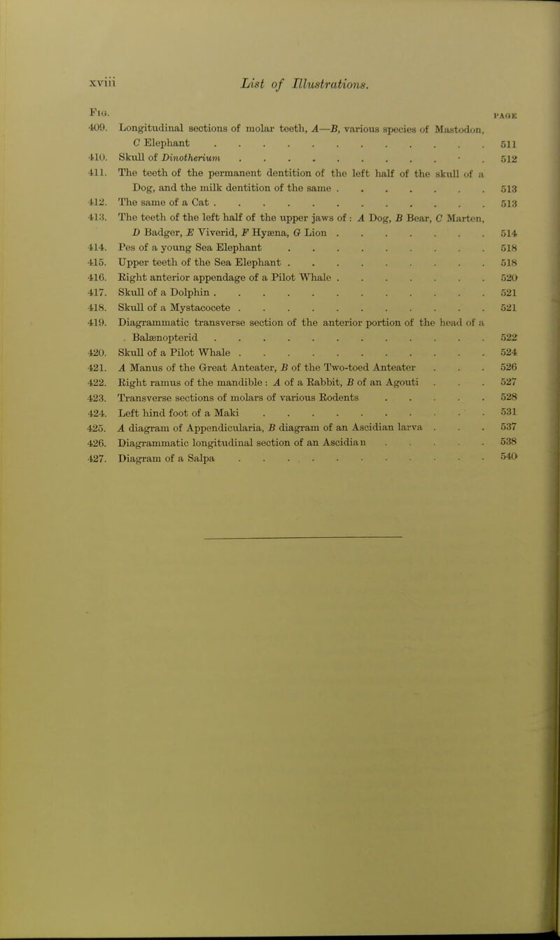 Pitt- PAGE 409. Longitudinal sections of molar teeth, A—B, various species of Mastodon, C Elephant 511 410. Skull of Dinotherium • . 512 411. The teeth of the permanent dentition of the left half of the skull of a Dog, and the milk dentition of the same 513 412. The same of a Cat 513 413. Tlie teeth of the left half of the upper jaws of : A Dog, B Bear, C Marten, D Badger, E Viverid, F Hyaena, G Lion 514 414. Pes of a yoiing Sea Elephant 518 415. Upper teeth of the Sea Elephant 518 416. Right anterior appendage of a Pilot Whale 520 417. SkivU of a Dolphin 521 418. SkuU of a Mystacocete 521 419. Diagrammatic transverse section of the anterior portion of the head of a Baltenopterid 522 420. Skull of a Pilot Whale 524 421. A Manus of the Great Anteater, B of the Two-toed Anteater . . . 526 422. Eight ramus of the mandible : ^ of a Rabbit, B of an Agouti . . 527 423. Transverse sections of molars of various Rodents 528 424. Left liind foot of a Maki 531 425. A diagram of Appendicularia, B diagram of an Ascidian larva . . . 537 426. Diagrammatic longitudinal section of an Ascidian 538 427. Diagram of a Salpa 540