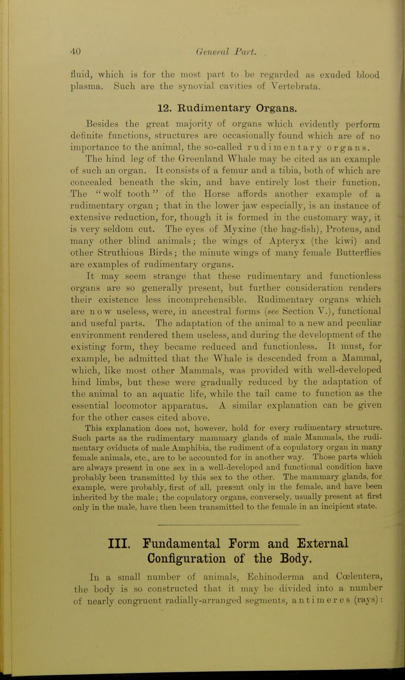 fluid, wliicli is for the most part to be regarded as exuded blood plasma. Such are the synovial cavities of Vertebrata. 12. Rudimentary Organs. Besides the great majority of organs which evidently perform definite functions, structures are occasionally found which are of no importance to the animal, the so-called rudimentary organs. The hind leg of the Greenland Whale may be cited as an example of such an organ. It consists of a femur and a tibia, both of which are concealed beneath the skin, and have entirely lost their function. The wolf tooth of the Horse affords another example of a rudimentary organ; that in the lower jaw especially, is an instance of extensive reduction, for, though it is formed in the customary way, it is very seldom cut. The eyes of Myxine (the hag-fish), Proteus, and many other blind animals; the wings of Apteryx (the kiwi) and other Struthious Birds; the minute wings of many female Butterflies are examples of rudimentary organs. It may seem strange that these rudimentary and functionless organs are so generally present, but further consideration renders their existence less incomprehensible. Rudimentary organs which are now useless, were, in ancestral forms {see Section V.), functional and useful parts. The adaptation of the animal to a new and peculiar environment rendered them useless, and during the development of the existing form, they became reduced and functionless. It must, for example, be admitted that the Whale is descended from a Mammal, which, like most other Mammals, was provided with Avell-developed hind limbs, but these were gradually reduced by the adaptation of the animal to an aquatic life, while the tail came to function as the essential locomotor apparatus. A similar explanation can be given for the other cases cited above. This explanation does not, however, hold for every rudimentai-y structm-e. Such pai-ts as the radimentary mammary glands of male Mammals, the nidi- mentary oviducts of male Amphibia, the rudiment of a copulatory organ in many female animals, etc., are to be accounted for m another way. Those parts which are always present in one sex in a well-developed and functional condition have probably been transmitted by this sex to the other. The mammary glands, for example, were probably, first of all, present only in the female, and haA-e been inherited by the male; the copiilatory organs, conversely, usually present at fii-st only in the male, have then been transmitted to the female in an incipient state. III. Fundamental Form and External Configuration of the Body. In a small number of animals, Echinoderma and Coelentera, the body is so constructed that it may be divided into a number of neai'ly congruent radially-arranged segments, a n t i m e r e s (rays):