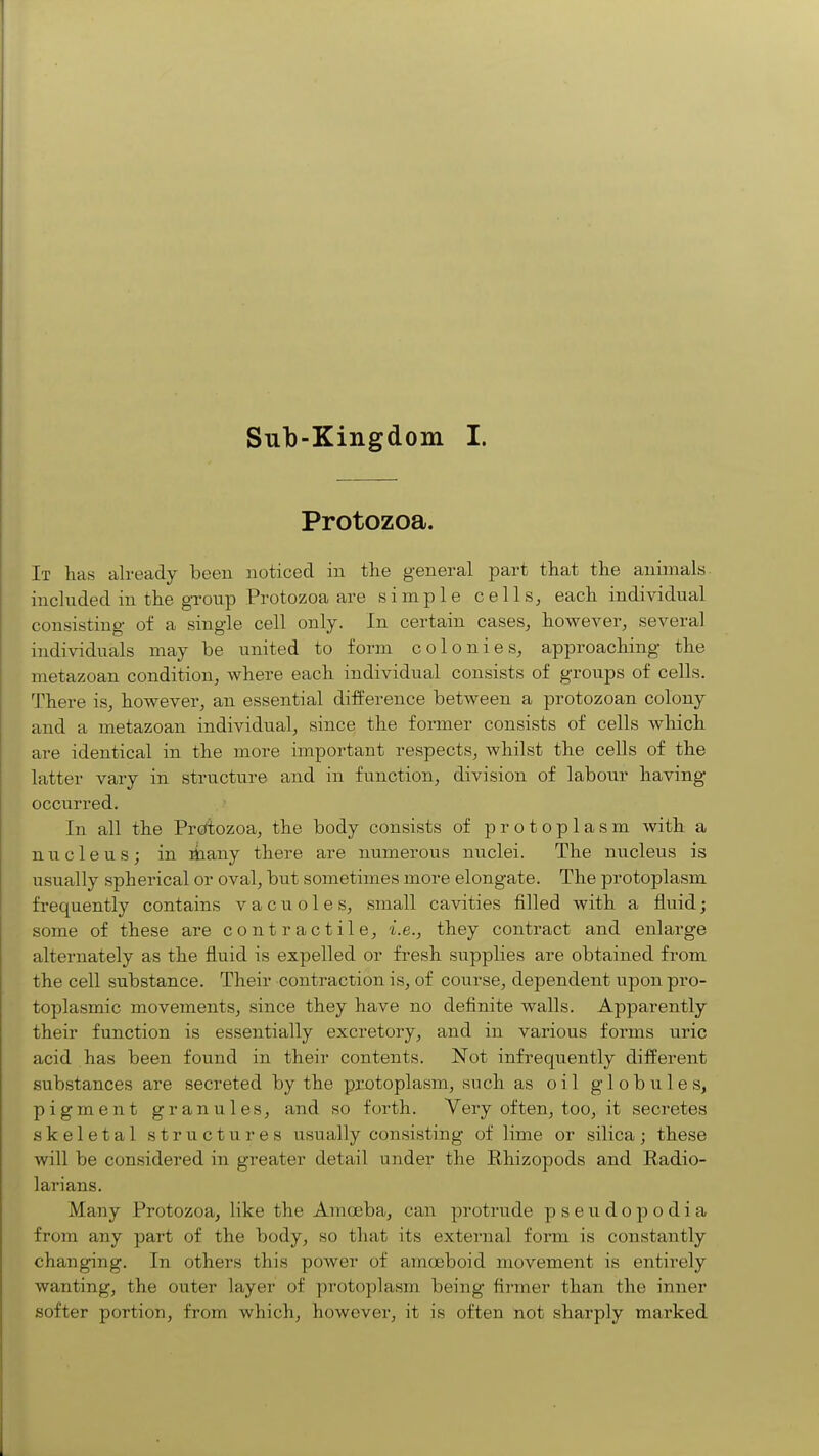 Protozoa. It has already been noticed in the general part that the animals, included in the group Protozoa are simple cells, each individual consisting of a single cell only. In certain cases, however, several individuals may be united to form colonies, approaching the metazoan condition, where each individual consists of groups of cells. There is, however, an essential difference between a protozoan colony and a metazoan individual, since the former consists of cells which are identical in the more important respects, whilst the cells of the latter vary in structure and in function, division of labour having occurred. In all the Protozoa, the body consists of protoplasm with a niicleus; in liiany there are numerous nuclei. The nucleus is usually spherical or oval, but sometimes more elongate. The protoplasm frequently contains vacuoles, small cavities filled with a fluid; some of these are contractile, i.e., they contract and enlarge alternately as the fluid is expelled or fresh supplies are obtained from the cell substance. Their contraction is, of course, dependent upon pro- toplasmic movements, since they have no definite walls. Apparently their function is essentially excretory, and in various forms uric acid has been found in their contents. Not infrequently different substances are secreted by the protoplasm, such as oil globules, pigment granules, and so forth. Very often, too, it secretes skeletal structures usually consisting of lime or silica; these will be considered in greater detail under the Rhizopods and Radio- larians. Many Protozoa, like the Amoeba, can protrude pseudopodia from any part of the body, so that its external form is constantly changing. In others this power of amoeboid movement is entirely wanting, the outer layer of protoplasm being firmer than the inner softer portion, from which, however, it is often not sharply marked