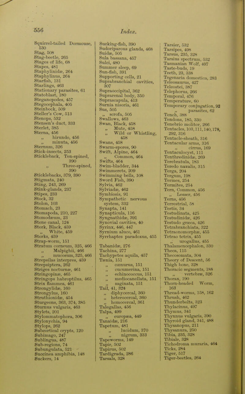 Squirrel-tiuled Dormouse, 530 Stag, 508 Stag-beetle, 265 Stages of life, 68 Stapes, 481 StaphylinidfE, 264 Staphylinus, 264 Starfish, 131 Starlings, 463 Stationary parasites, 61 Statoblast, 180 Steganopodes, 457 Stegocephala, 405 Steinbock, 509 Steller's Cow, 513 Stenops, 532 Stensen's diict, 333 Sterlet, 385 Sterna, 456 „ hirixndo, 456 „ niiniita, 456 Stermim, 326 Stick-insects, 253 Stickleback, Ten-spined, 390 „ Three-spined, 390 Sticklebacks, 379, 390 Stigmata, 240 Sting, 243, 269 Stink-glands, 237 Stipes, 233 Stock, 32 Stolon, 103 Stomach, 23 Stomapoda, 210, 227 Stomodsemn, 23 Stone canal, 124 Stork, Black, 459 „ White, 459 Storks, 459 Strap-worm, 151 Stratxmi corneiun, 325, 466 Malpighii, 466 „ miicosiim, 325,466 Strepsilas intei-pres, 459 Strepsiptera, 262 Striges noctiimse, 461 Stringopinse, 465 Stringops habroptilns, 465 Strix flammea, 461 Strongylidse, 160 Strongylus, 160 Struthionidse, 454 Sturgeons, 363, 374, 385 Stitmus vulgaris, 463 Stylets, 201 Stylommatophora, 306 Stylonychia, 94 Stylops, 262 Subcortical crypts, 120 Subimago, 247 Sublingua, 487 Sub-regions, 74 Subungulata, 521 Succinea amphibia, 148 Suckers, 14 Sixcking-fish, 390 Sudoriparous glands, 468 SuidtE, 505 Sula bassana, 457 Sulci, 480 Summer sleep, 69 Sim-fish, 391 Supporting cells, 21 Siiprabranchial cavities, 307 Supraoccipital, 362 Suprarenal body, 350 Suprascapula, 413 Sui'nia nisoria, 461 Sus, 505 „ scrofa, 505 Swallows, 463 Swan, Black, 458 „ Mute, 458 „ Wild or Whistling, 458 Swans, 458 Swarm-spores, 90 Swift, Alpine, 464 „ Common, 464 Swifts, 464 Swim-bladder, 344 Swimmerets, 209 Swimming bells, 108 Sword Pish, 390 Sylvia, 462 Sylviadse, 462 Symbiosis, 91 Sympathetic nei*vous system, 332 Synapta, 141 SynapticiUa, 116 Syngnathidae, 391 Synovial cavities, 40 Syrinx, 446, 447 Syi-niiun aluco, 461 Syrrhaptes paradoxus, 455 Tabanidse, 276 Tachina, 277 Tachypetes aquila, 457 Taenia, 151 „ coenurus, 151 „ cucumerina, 151 „ echinococcus, 151 „ mediocanellata, 151 „ saginata, 151 Tail, 41, 324 „ diphycereal, 360 „ heterocercal, 360 „ homocercal, 361 Talegallas, 456 Talpa, 499 „ europsea, 449 Tanaidse, 216 Tapetimi, 481 „ hicidiim, 370 „ nigriim, 333 Tapewonus, 149 Tapir, 502 Tapirus, 502 Tardigrada, 286 Tarsals, 328 ! Tarsier, 532 Tarsipes, 498 Tarsus, 235, 328 Tarsius spectrum, 532 Tasmanian Wolf, 497 Taste-buds, 19 Teeth, 23, 338 Tegenaria domestica, 283 Teleosaurus, 427 Teleostei, 387 Telephonas, 266 Temporal, 476 I Temperatui-e, (iO j Temporary conjugation, 92 „ parasites, 62 Tench, 388 Tendons, 185, 330 Tenebrio molitor, 266 Tentacles, 103, 111, 140,178, 292, 316 Tentacle-sheath, 316 Tentacular arms, 316 „ ciiTus, 169 Tentaciilocyst, 111 Tenthi-edinidae, 269 Terebratula, 183 Teredo navalis, 315 Terga, 204 Tergum, 198 Termes, 254 Termites, 254 Tern, Common, 456 „ Lesser, 456 Terns, 456 Tei-restrial, 58 Testis, 34 Testudinata, 425 Testudinidse, 426 Testudo gi-seca, 426 Tetrabranehiata, 322 Tetraonomorphse, 455 Tetrao tetrix, 455 „ ui-ogallus, 455 Thalamencephalon, 330 Theca, 115 Thecosomata, 304 Theory of Descent, 56 Thigh bone, 328 Thoracic segments, 188 „ vertebrae, 326 Thorax, 190 Thorn-headed Worm, 163 Thi-ead-worms, 158, 162 Thrush, 462 Thunderbolts, 323 Thylacinus, 497 Thymus. 341 Thynnus vulgaris, 390 Thyroid gland, 341, 488 Thysanopus, 211 Thysanura, 250 Tibia, 235, 328 Tibiale, 328 Tichodroma muraria, 464 Ticks, 284 Tiger, 517 Tiger-beetles, 264