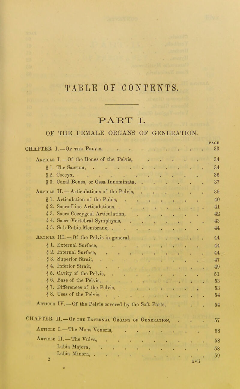 TABLE OF CONTENTS. I>^IIT I. OF THE FEMALE ORGANS OF GENERATION. PAGE CHAPTER I.—Op the Pelvis, 33 Article I. — Of the Bones of the Pelvis, 34 § 1. The Sacrum 34 12. Coccyx, 36 I 3. Coxal Bones, or Ossa Innominata, 37 Article II. — Articulations of the Pelvis, 39 § 1. Articulation of the Pubis, 40 § 2. Sacro-Iliac Articulations, 41 § 3. Sacro-Coccygeal Articulation, 42 ? 4. Sacro-Vertebral Symphysis, 43 1 5. Sub-Pubic Membrane, 44 Article III. — Of the Pelvis in general 44 § 1. External Surface, 44 2 2. Internal Surface, 44 § 3. Superior Strait 47 g 4. Inferior Strait, 49 § 5. Cavity of the Pelvis, 51 ^ 6. Base of the Pelvis, 53 § 7. Differences of the Pelvis, , 53 § 8. Uses of the Pelvis, .54 Article IV.—Of the Pelvis covered by the Soft Parts, ... 54 CHAPTER II. — Of the External Organs of Generation, ... 57 Article I. —The Mons Veneris, ....... 58 Article II. — The Vulva, 58 Labia Majora, 58 Labia Minora, ......... 59 xvn