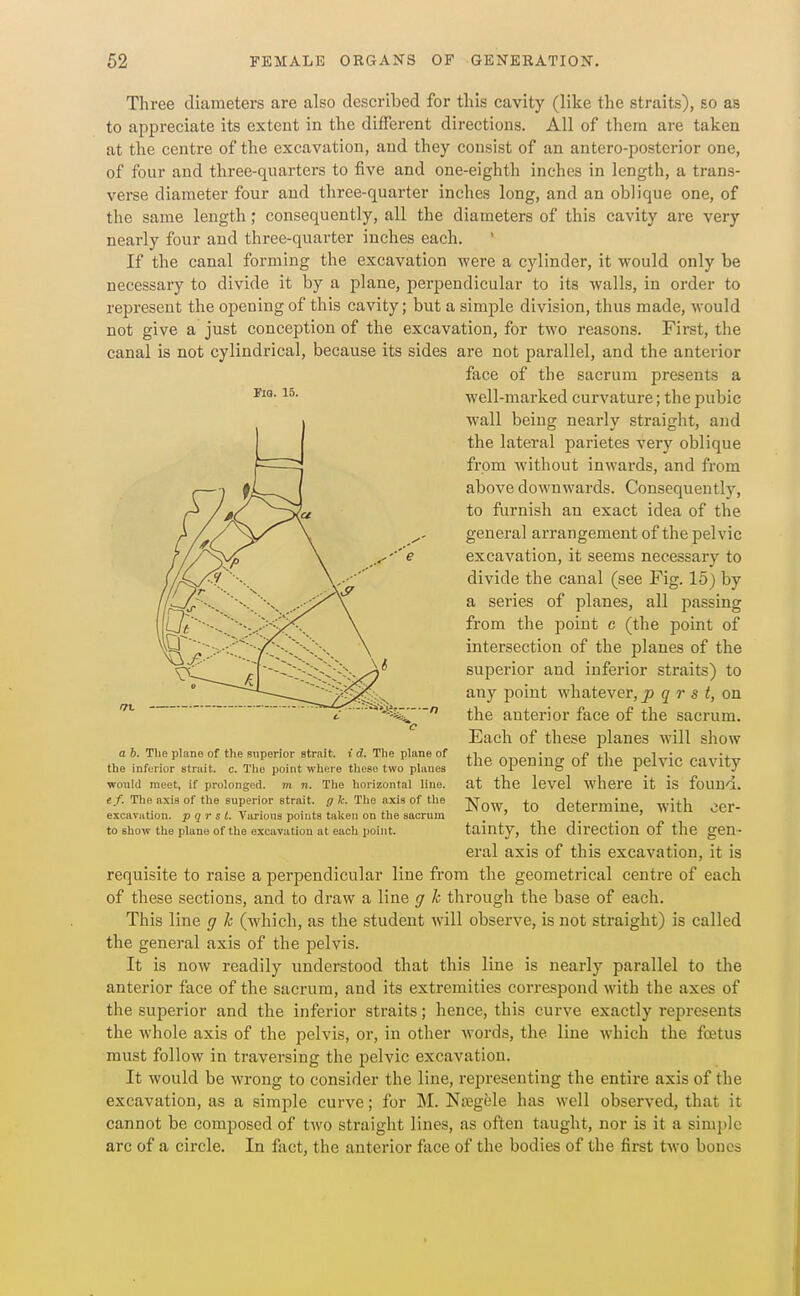 Fio. 15. Three diameters are also described for tliis cavity (like the straits), so as to appreciate its extent in the different directions. All of thera are taken at the centre of the excavation, and they consist of an antero-posterior one, of four and three-quarters to five and one-eighth inches in length, a trans- verse diameter four and three-quarter inches long, and an oblique one, of the same length; consequently, all the diameters of this cavity are very nearly four and three-quarter inches each. If the canal forming the excavation were a cylinder, it would only be necessary to divide it by a plane, perpendicular to its walls, in order to represent the opening of this cavity; but a simple division, thus made, would not give a just conception of the excavation, for two reasons. First, the canal is not cylindrical, because its sides are not parallel, and the anterior face of the sacrum presents a well-marked curvature; the pubic wall being nearly straight, and the lateral parietes very oblique from without inwards, and from above downwards. Consequently, to furnish an exact idea of the genei-al arrangement of the pelvic excavation, it seems necessary to divide the canal (see Fig. 15) by a series of planes, all passing from the point c (the point of intersection of the planes of the superior and inferior straits) to any point whatever, p q r s t, on the anterior face of the sacrum. Each of these planes will show the opening of the pelvic cavity at the level where it is found. Now, to determine, with cer- tainty, the direction of the gen- eral axis of this excavation, it is requisite to raise a perpendicular line from the geometrical centre of each of these sections, and to draw a line ff k through the base of each. This line g h (which, as the student will observe, is not straight) is called the general axis of the pelvis. It is now readily understood that this line is nearly parallel to the anterior face of the sacrum, and its extremities correspond with the axes of the superior and the inferior straits; hence, this curve exactly represents the whole axis of the pelvis, or, in other words, the line which the foetus must follow in traversing the pelvic excavation. It would be wrong to consider the line, representing the entire axis of the excavation, as a simjile curve; for M. Najgele has well observed, that it cannot be composed of two straight lines, as often taught, nor is it a simple arc of a circle. In fact, the anterior face of the bodies of the first two bones ....;»aVi;, a b. The plane of the superior atrait. i d. The plane of the inferior strait, c. Tlio point where these two planes wonid meet, if prolonged, m n. Tlie horizontal line. ef. The axis of the superior strait, g k. The axis of the excavation, p qr s C. Various points taken on the sacrum to show the plane of the excavation at each point.