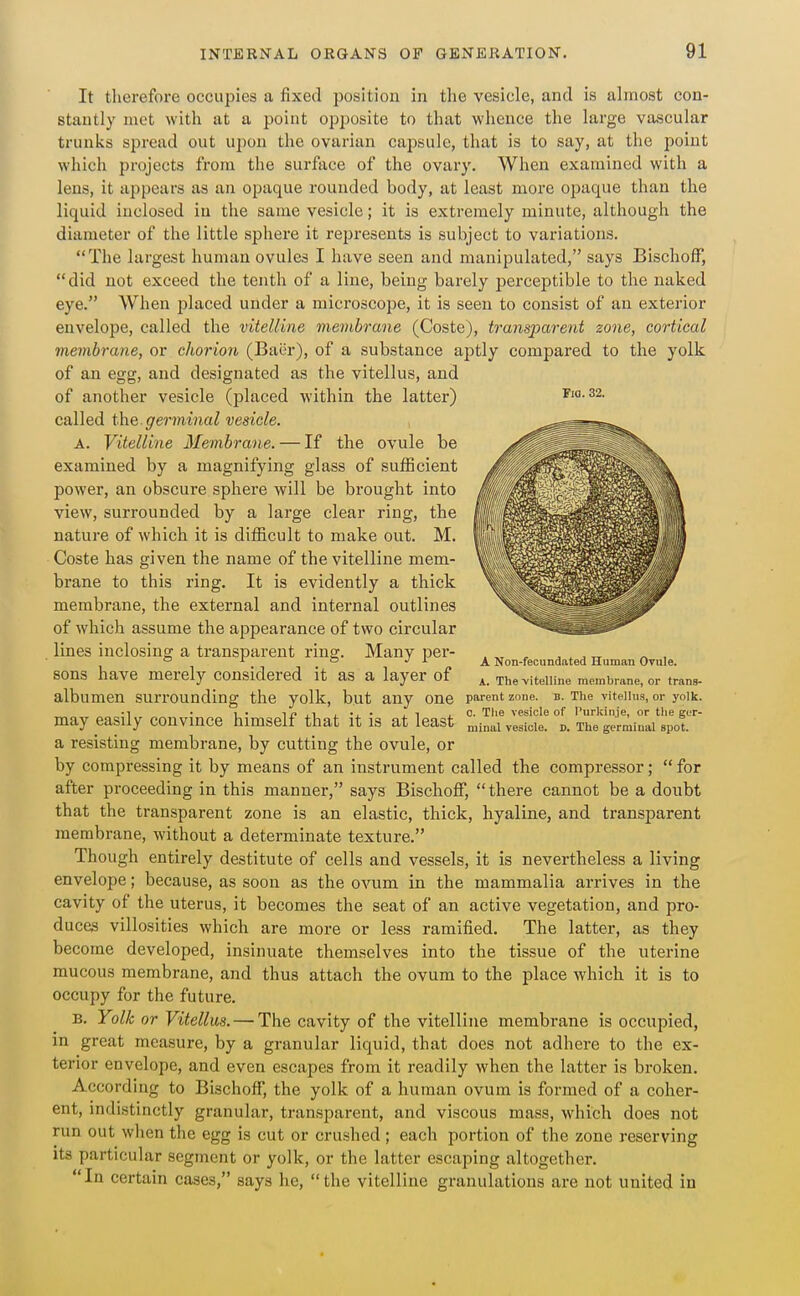 Fia. 32. It therefore occupies a fixed position in the vesicle, and is almost con- stantly met with at a point opposite to that whence the large vascular trunks spread out upon the ovarian capsule, that is to say, at the point which projects from the surface of the ovary. When examined with a lens, it appears as an opaque rounded body, at least more opaque than the liquid inclosed in the same vesicle; it is extremely minute, although the diameter of the little sphere it represents is subject to variations. The largest human ovules I have seen and manipulated, says Bischoff,  did not exceed the tenth of a line, being barely perceptible to the naked eye. When placed under a microscope, it is seen to consist of an exterior envelope, called the vitelline membrane (Coste), transparent zone, cortical membrane, or chorion (Baer), of a substance aptly compared to the yolk of an egg, and designated as the vitellus, and of another vesicle (placed within the latter) called the germinal vesicle. A. Vitelline Membrane. — If the ovule be examined by a magnifying glass of sufficient power, an obscure sphere will be brought into view, surrounded by a large clear ring, the nature of which it is difficult to make out. M. Coste has given the name of the vitelline mem- brane to this ring. It is evidently a thick membrane, the external and internal outlines of which assume the appearance of two circular lines inclosing a transparent ring. Many per- sons have merely considered it as a layer of albumen surrounding the yolk, but any one may easily convince himself that it is at least a resisting membrane, by cutting the ovule, or by compressing it by means of an instrument called the compressor;  for after proceeding in this manner, says Bischoff, there cannot be a doubt that the transparent zone is an elastic, thick, hyaline, and transparent membrane, without a determinate texture. Though entirely destitute of cells and vessels, it is nevertheless a living envelope; because, as soon as the ovum in the mammalia arrives in the cavity of the uterus, it becomes the seat of an active vegetation, and pro- duces villosities which are more or less ramified. The latter, as they become developed, insinuate themselves into the tissue of the uterine mucous membrane, and thus attach the ovum to the place which it is to occupy for the future. B. Yolk or Vitellus. — The cavity of the vitelline membrane is occupied, in great measure, by a granular liquid, that does not adhere to the ex- terior envelope, and even escapes from it readily when the latter is broken. According to Bischoff, the yolk of a human ovum is formed of a coher- ent, mdistinctly granular, transparent, and viscous mass, which does not run out wlien the egg is cut or crushed; each portion of the zone reserving its particular segment or yolk, or the latter escaping altogether. In certain cases, says he, the vitelline granulations are not united in A Non-fecundated Human Ovule. A. The -vitelline membrane, or trans- parent zone. B. The vitellus, or yolk. 0. Tlie vesicle of Purkin.je, or tlie ger- minal vesicle, d. The germinal spot.