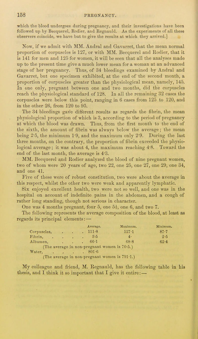 which the blood undergoes during pregnancy, .and their investigations have been followed up by Becquerel, Rodier, and Regnauld. As the experiments of all these observers coincide, we have but to give the results at which they arrived.] Now, if we admit with MM. Andral and Gavarret, that the mean normal proportion of corpuscles is 127, or with MM. Becquerel and Rodier, that it is 141 for men and 125 for Avomen, it will be seen that all the analyses made up to the present time give a much lower mean for a woman at an advanced stage of her pregnancy. Thus, of 34 bleedings examined by Andral and Gavarret, but one specimen exhibited, at the end of the second month, a proportion of corpuscles greater than the physiological mean, namely, 145. In one only, pregnant between one and two months, did the corpuscles reach the physiological standard of 128. In all the remaining 32 cases the corpuscles were below this point, ranging in 6 cases from 125 to 120, and in the other 26, from 120 to 95. The 34 bleedings gave difierent results as regards the fibrin, the mean physiological proportion of which is 3, according to the period of pregnancy at which the blood was drawn. Thus, from the first month to the end of the sixth, the amount of fibrin was always below the average; the mean being 2-5, the minimum 1*9, and the maximum only 2'9. During the last three months, on the contrary, the proportion of fibrin exceeded the physio- logical average; it was about 4, the maximum reaching 4'8. Toward the end of the last month, the average is 43. MM. Becquerel and Rodier analyzed the blood of nine pregnant women, two of whom were 20 years of age, two 22, one 25, one 27, one 29, one 34, and one 41. Five of these were of robust constitution, two were about the average in this respect, whilst the other two were weak and apparently lymphatic. Six enjoyed excellent health, two were not so well, and one was in the hospital on account of indefinite pains in the abdomen, and a cough of rather long standing, though not serious in character. One was 4 months pregnant, four 5, one 5i, one 6, and two 7. The following represents the average composition of the blood, at least as regards its principal elements: — Average. Maximum. Minimum. Corpuscles, . . .111-8 127-1 87-7 Fibrin 3-5 4- •2-5 Albumen, . . . 66'1 68-8 62-4 (The average in non-pregnant women is 70-5.) Water 801-6 (The average in non-pregnant women is 791-1.) My colleague and friend, M. Regnauld, has the following table in his thesis, and I think it so important that I give it entire: —