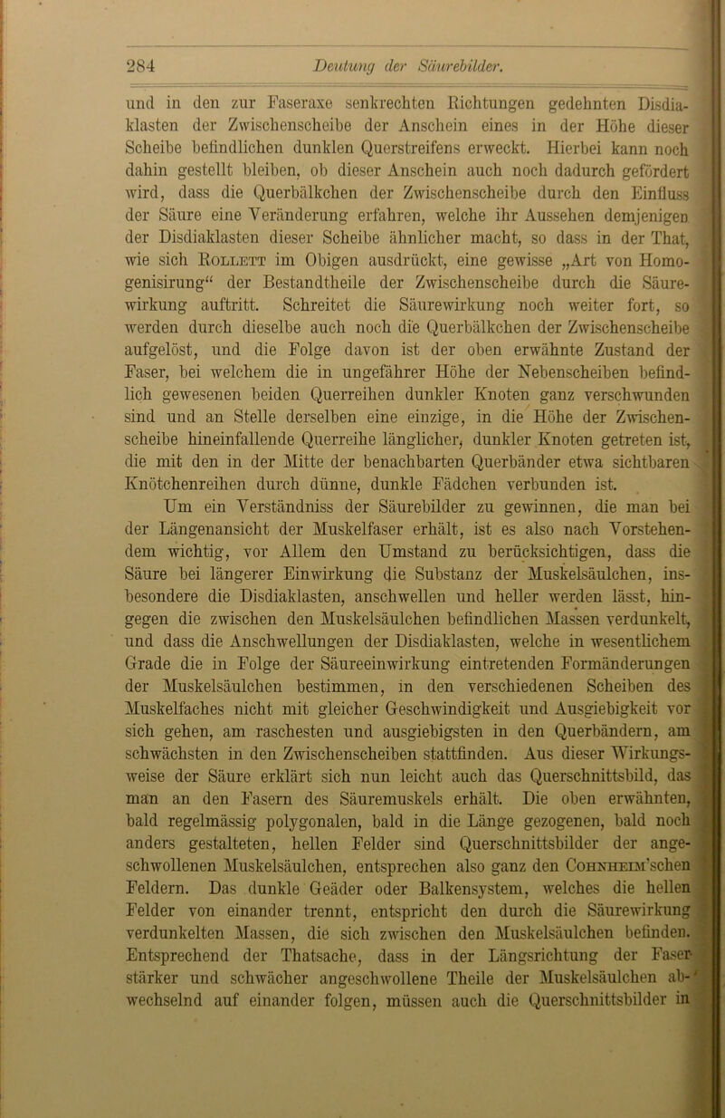 und in den zur Faseraxe senkrechten Richtungen gedehnten Disdia- klasten der Zwischenscheibe der Anschein eines in der Höhe dieser Scheibe befindlichen dunklen Querstreifens erweckt. Hierbei kann noch dahin gestellt bleiben, ob dieser Anschein auch noch dadurch gefördert wird, dass die Querbälkchen der Zwischenscheibe durch den Einfluss der Säure eine Veränderung erfahren, welche ihr Aussehen demjenigen der Disdiaklasten dieser Scheibe ähnlicher macht, so dass in der That, wie sich Rollett im Obigen ausdrückt, eine gewisse „Art von Homo- genisirung“ der Bestandtheile der Zwischenscheibe durch die Säure- wirkung auftritt. Schreitet die Säurewirkung noch weiter fort, so werden durch dieselbe auch noch die Querbälkchen der Zwischenscheibe aufgelöst, und die Folge davon ist der oben erwähnte Zustand der Faser, bei welchem die in ungefährer Höhe der Nebenscheiben befind- lich gewesenen beiden Querreihen dunkler Knoten ganz verschwunden sind und an Stelle derselben eine einzige, in die Höhe der Zwischen- scheibe hineinfallende Querreihe länglicher* dunkler Knoten getreten ist, die mit den in der Mitte der benachbarten Querbänder etwa sichtbaren Knötchenreihen durch dünne, dunkle Fädchen verbunden ist. Um ein Verständniss der Säurebilder zu gewinnen, die man bei der Längenansicht der Muskelfaser erhält, ist es also nach Vorstehen- dem wichtig, vor Allem den Umstand zu berücksichtigen, dass die Säure bei längerer Einwirkung die Substanz der Muskelsäulchen, ins- besondere die Disdiaklasten, anschwellen und heller werden lässt, hin- gegen die zwischen den Muskelsäulchen befindlichen Massen verdunkelt, und dass die Anschwellungen der Disdiaklasten, welche in wesentlichem Grade die in Folge der Säureeinwirkung ein tretenden Formänderungen der Muskelsäulchen bestimmen, in den verschiedenen Scheiben des Muskelfaches nicht mit gleicher Geschwindigkeit und Ausgiebigkeit vor sich gehen, am raschesten und ausgiebigsten in den Querbändern, am schwächsten in den Zwischenscheiben stattfinden. Aus dieser Wirkungs- weise der Säure erklärt sich nun leicht auch das Querschnittsbild, das man an den Fasern des Säuremuskels erhält. Die oben erwähnten, bald regelmässig polygonalen, bald in die Länge gezogenen, bald noch anders gestalteten, hellen Felder sind Querschnittsbilder der ange- schwollenen Muskelsäulchen, entsprechen also ganz den CoHNHEm’schen Feldern. Das dunkle Geäder oder Balkensystem, welches die hellen Felder von einander trennt, entspricht den durch die Säurewirkung verdunkelten Massen, die sich zwischen den Muskelsäulchen befinden. Entsprechend der Thatsache, dass in der Längsrichtung der Faser- stärker und schwächer angeschwollene Theile der Muskelsäulchen ab-' wechselnd auf einander folgen, müssen auch die Querschnittsbilder in