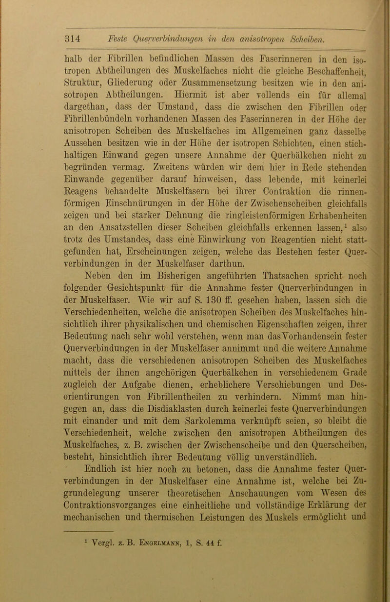hall) der Fibrillen befindlichen Massen des Faserinneren in den iso- tropen Abtheilungen des Muskelfaches nicht die gleiche Beschaffenheit, Struktur, Gliederung oder Zusammensetzung besitzen wie in den ani- sotropen Abtheilungen. Hiermit ist aber vollends ein für allemal dargethan, dass der Umstand, dass die zwischen den Fibrillen oder Fibrillenbündeln vorhandenen Massen des Faserinneren in der Höhe der anisotropen Scheiben des Muskelfaches im Allgemeinen ganz dasselbe Aussehen besitzen wie in der Höhe der isotropen Schichten, einen stich- haltigen Einwand gegen unsere Annahme der Querbälkchen nicht zu begründen vermag. Zweitens würden wir dem hier in Bede stehenden Ein wände gegenüber darauf hinweisen, dass lebende, mit keinerlei Keagens behandelte Muskelfasern bei ihrer Contraktion die rinnen- förmigen Einschnürungen in der Höhe der Zwischenscheiben gleichfalls zeigen und bei starker Dehnung die ringleistenförmigen Erhabenheiten an den Ansatzstellen dieser Scheiben gleichfalls erkennen lassen,1 also trotz des Umstandes, dass eine Einwirkung von Beagentien nicht statt- gefunden hat, Erscheinungen zeigen, welche das Bestehen fester Quer- verbindungen in der Muskelfaser darthun. Neben den im Bisherigen angeführten Thatsachen spricht noch folgender Gesichtspunkt für die Annahme fester Querverbindungen in der Muskelfaser. Wie wir auf S. 130 ff. gesehen haben, lassen sich die Verschiedenheiten, welche die anisotropen Scheiben des Muskelfaches hin- sichtlich ihrer physikalischen und chemischen Eigenschaften zeigen, ihrer Bedeutung nach sehr wohl verstehen, wenn man das Vorhandensein fester Querverbindungen in der Muskelfaser annimmt und die weitere Annahme macht, dass die verschiedenen anisotropen Scheiben des Muskelfaches mittels der ihnen ungehörigen Querbälkchen in verschiedenem Grade zugleich der Aufgabe dienen, erheblichere Verschiebungen und Des- orientirungen von Fibrillentheilen zu verhindern. Nimmt man hin- gegen an, dass die Disdiaklasten durch keinerlei feste Querverbindungen mit einander und mit dem Sarkolemma verknüpft seien, so bleibt die Verschiedenheit, welche zwischen den anisotropen Abtheilungen des Muskelfaches, z. B. zwischen der Zwischenscheibe und den Querscheiben, besteht, hinsichtlich ihrer Bedeutung völlig unverständlich. Endlich ist hier noch zu betonen, dass die Annahme fester Quer- verbindungen in der Muskelfaser eine Annahme ist, welche bei Zu- grundelegung unserer theoretischen Anschauungen vom Wesen des Contraktionsvorganges eine einheitliche und vollständige Erklärung der mechanischen und thermischen Leistungen des Muskels ermöglicht und 1 Vergl. z. B. Enoelmann, 1, S. 44 f.