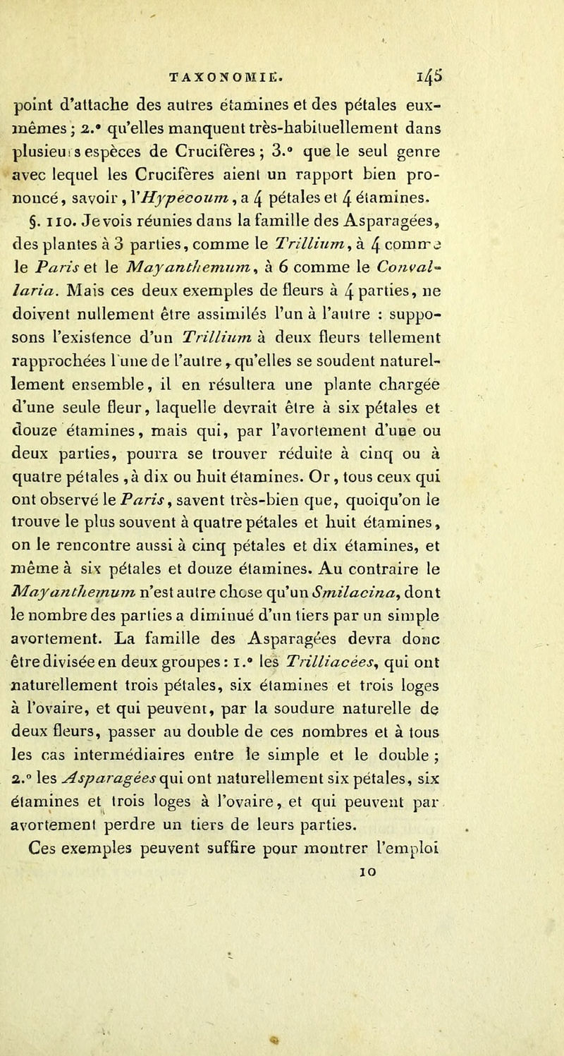 point d’attache des autres étamines et des pétales eux- mêmes ; 2.» qu’elles manquent très-habituellement dans plusieui s espèces de Crucifères; 3.° que le seul genre avec lequel les Crucifères aient un rapport bien pro- noncé , savoir, X Hypeeoum, a 4 pétales et 4 étamines. §. 110. Je vois réunies dans la famille des Asparagées, des plantes à 3 parties, comme le Trillium, à 4 comme le Paris et le Mayanthemum, à 6 comme le Couvai» laria. Mais ces deux exemples de fleurs à \ parties, 11e doivent nullement être assimilés l’un à l’autre : suppo- sons l’existence d’un Trillium à deux fleurs tellement rapprochées l une de l’autre, qu’elles se soudent naturel- lement ensemble, il en résultera une plante chargée d’une seule fleur, laquelle devrait être à six pétales et douze étamines, mais qui, par l’avortement d’une ou deux parties, pourra se trouver réduite à cinq ou à quatre pétales , à dix ou huit étamines. Or, tous ceux qui ont observé le Paris, savent très-bien que, quoiqu’on le trouve le plus souvent à quatre pétales et huit étamines, on le rencontre aussi à cinq pétales et dix étamines, et même à six pétales et douze étamines. Au contraire le Mayanthemum n’est autre chose qu’un Smilacina, dont le nombre des parties a diminué d’un tiers par un simple avortement. La famille des Asparagées devra donc être divisée en deux groupes: i.° les Trilliacées, qui ont naturellement trois pétales, six étamines et trois loges à l’ovaire, et qui peuvent, par la soudure naturelle de deux fleurs, passer au double de ces nombres et à tous les cas intermédiaires entre le simple et le double ; 2.0 les Asparagées qui ont naturellement six pétales, six étamines et trois loges à l’ovaire, et qui peuvent par avortement perdre un tiers de leurs parties. Ces exemples peuvent suffire pour montrer l’emploi 10