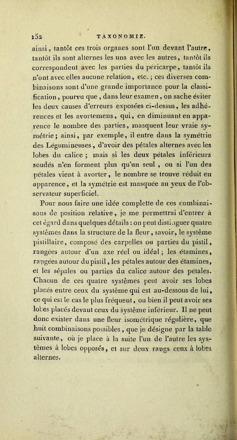 ainsi, tantôt ces trois organes sont l’un devant l’autre, tantôt ils sont alternes les uns avec les autres, tantôt ils correspondent avec les parties du péricarpe, tantôt ils n’ont avec elles aucune relation, etc. ; ces diverses com- binaisons sont d’une grande importance pour la classi- fication , pourvu que , dans leur examen, on sache éviter les deux causes d’erreurs exposées ci-dessus, les adhé- rences et les avortemens, qui, en diminuant en appa- rence le nombre des parties, masquent leur vraie sy- métrie; ainsi, par exemple, il entre dans la symétrie des Légumineuses , d’avoir des pétales alternes avec les lobes du calice ; mais si les deux pétales inférieurs soudés n’en forment plus qu’un seul , ou si l’un des pétales vient à avorter, le nombre se trouve réduit en apparence, et la symétrie est masquée au yeux de l’ob- servateur superficiel. Pour nous faire une idée complette de ces combinai- sons de position relative, je me permettrai d’entrer à cet égard dans quelques détails : on peut distinguer quatre systèmes dans la structure de la fleur, savoir, le système pistillaire, composé des carpelles ou parties du pistil, rangées autour d’un axe réel ou idéal; les étamines, rangées autour du pistil, les pétales autour des étamines, et les sépales ou parties du calice autour des pétales. Chacun de ces quatre systèmes peut avoir ses lobes placés entre ceux du système qui est au-dessous de lui, ce qui est le cas le plus fréquent, ou bien il peut avoir ses lobes placés devant ceux du système inférieur. Il ne peut donc exister dans une fleur isométrique régulière, que huit combinaisons possibles , que je désigne par la table suivante, où je place à la suite l’un de l’autre les sys- tèmes à lobes opposés, et sur deux rangs ceux à lobes alternes.