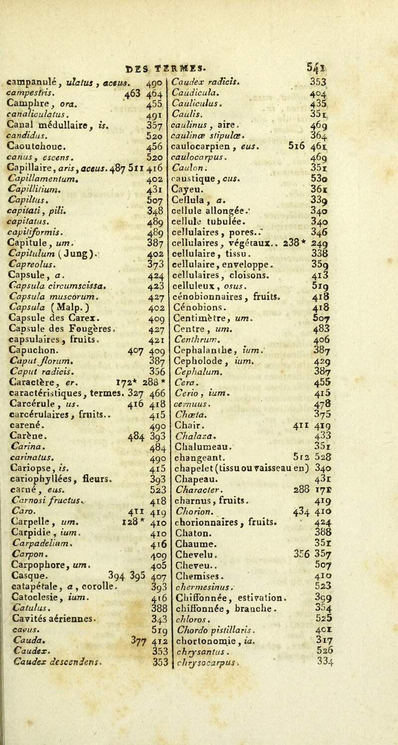 campanule, ulalus , eceus. 490 campestris. 463 464 Camphre, ora. 455 canaliculatus. 491 Canal médullaire, is. 357 candidus. 5.20 Caoutchouc. 456 canus , escens. 620 Capillaire, arts, aceus. 487 5li 416 Capillamentum. 402 Capillilium. 431 Capiltus. 607 capitati, pili. 348 capilalus. 489 capitiformis. 489 Capitule, um. 387 Capitulum (Jung).; 402 Capreolus. 3j3 Capsule, a. 424 Capsula circumscissa. 423 Capsula muscorum. 427 Capsula (Malp. ) 402 Capsule des Carex. 409 Capsule des Fougères, 427 capsulaires , fruits. 421 Capuchon. 407 409 Caput Jlorum. 387 Capul radicis. 356 Caractère, er. 172* 288* caractéristiques, termes. 327 466 Carcérule , us. carcérulaires , fruits., caréné. Carèue. Carina. carinatus. Cariopse, is. cariophytlées, fleurs carné, eus. Carnosi frue tus* Caro. Carpelle, um. Carpidie, ium. Carpadelinm. Carpon. Carpophore, um Casque, catapétale, a , corolle Catoclesie, ium. Calulus. Cavités aériennes. cavLis. Cauda. Caudex. Caudex descendent. 416 418 4i5 490 484 393 484 4ti 128 * 490 415 3g3 523 418 4x9 410 410 416 4°9 405 394 395 407 393 416 388 343 5x9 377 412 353 353 Caudex radicis. 353 Caudicula. 404 Cauliculus. 435 Caulis. 35 r caulinus, aire. 469 caulinœ stipulas. 864 caulocarpien , eus. 5x6 461 caulocarpus. 469 Caulon. eaustique, eus. Cayeu. Cellula, a. cellule allongée.' cellule tubulée. cellulaires, pores..' cellulaires, végétaux.. 238 cellulaire, tissu, cellulaire, enveloppe, cellulaires, cloisons, celluleux, osus. cénobionnaires, fruits. Cénobions. Centimètre, um. Centre , um. Centhrum. Cephalanthe, ium. Cepholode , ium. CepJia/um. Cera. Cerio, ium. cernuus. Cliæta. Chair. Chalaza. Chalumeau. changeant. 35i 53© 36e 339 340 340 346 249 338 359 413 519 418 418 È07 483 406 387 429 387 455 4i5 478 375 4x1 419 433 35i 5r2 528 chapelet (tissu ou vaisseau en) 340 Chapeau. 43r Character. 288 17E charnus, fruits. 419 Cliorion. 434 41c) chorionnaires , fruits. 424 Chaton. 388 Chaume. 35r Chevelu. 356 357 Cheveu.. 507 Chemises. 410 chermesinus. 523 Chiffonnée, estivation. 3ç9 chiffonnée, branche. 354 chloros. 525 Clwrdo pistillans. 4e 1 chortonomie, ia. 3i7 chrysantus. 520 chrysecarpus. 334