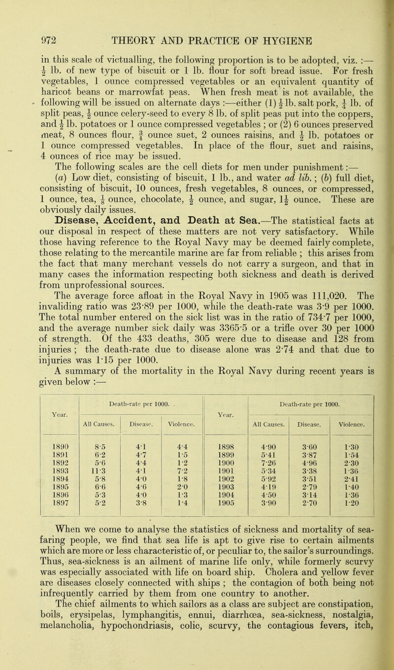 in this scale of victualling, the following proportion is to be adopted, viz. :— J lb. of new type of biscuit or 1 lb. flour for soft bread issue. For fresh vegetables, 1 ounce compressed vegetables or an equivalent quantity of haricot beans or marrowfat peas. When fresh meat is not available, the . following will be issued on alternate days :—either (l)^lh. salt pork, J lb. of split peas, ^ ounce celery-seed to every 8 lb. of split peas put into the coppers, and J lb. potatoes or 1 ounce compressed vegetables ; or (2) 6 ounces preserved meat, 8 ounces flour, |- ounce suet, 2 ounces raisins, and J lb. potatoes or 1 ounce compressed vegetables. In place of the flour, suet and raisins, 4 ounces of rice may be issued. The following scales are the cell diets for men under punishment:— (a) Low diet, consisting of biscuit, 1 lb., and water ad lib.; (b) full diet, consisting of biscuit, 10 ounces, fresh vegetables, 8 ounces, or compressed, 1 ounce, tea, ^ ounce, chocolate, J ounce, and sugar, ounce. These are obviously daily issues. Disease, Accident, and Death at Sea.—The statistical facts at our disposal in respect of these matters are not very satisfactory. While those having reference to the Royal Navy may be deemed fairly complete, those relating to the mercantile marine are far from reliable ; this arises from the fact that many merchant vessels do not carry a surgeon, and that in many cases the information respecting both sickness and death is derived from unprofessional sources. The average force afloat in the Royal Navy in 1905 was 111,020. The invaliding ratio was 23'89 per 1000, while the death-rate was 3-9 per 1000. The total number entered on the sick list was in the ratio of 7347 per 1000, and the average number sick daily was 3365*5 or a trifle over 30 per 1000 of strength. Of the 433 deaths, 305 were due to disease and 128 from injuries ; the death-rate due to disease alone was 274 and that due to injuries was 1*15 per 1000. A summary of the mortality in the Royal Navy during recent years is given below :— Year. Death-rate per 1000. . Year. Death-rate per 1000. All Causes. Disease. Violence. All Causes. Disease. Violence. 1890 8-5 41 4-4 1898 4-90 3-60 1-30 1891 6-2 4-7 1-5 1899 5-41 3-87 1-54 1892 5-6 4-4 1-2 1900 7-26 4-96 2-30 1893 11-3 41 7-2 1901 5-34 3-38 1-36 1894 5-8 40 1-8 1902 5-92 3-51 2-41 1895 6-6 4-6 20 1903 4-19 2-79 1-40 1896 5-3 4-0 1-3 1904 4-50 314 1-36 1897 5-2 3-8 1-4 1905 3-90 2-70 1-20 When we come to analyse the statistics of sickness and mortality of sea- faring people, we find that sea life is apt to give rise to certain ailments which are more or less characteristic of, or peculiar to, the sailor's surroundings. Thus, sea-sickness is an ailment of marine life only, while formerly scurvy was especially associated with life on board ship. Cholera and yellow fever are diseases closely connected with ships ; the contagion of both being not infrequently carried by them from one country to another. The chief ailments to which sailors as a class are subject are constipation, boils, erysipelas, lymphangitis, ennui, diarrhoea, sea-sickness, nostalgia, melancholia, hypochondriasis, colic, scurvy, the contagious fevers, itch,