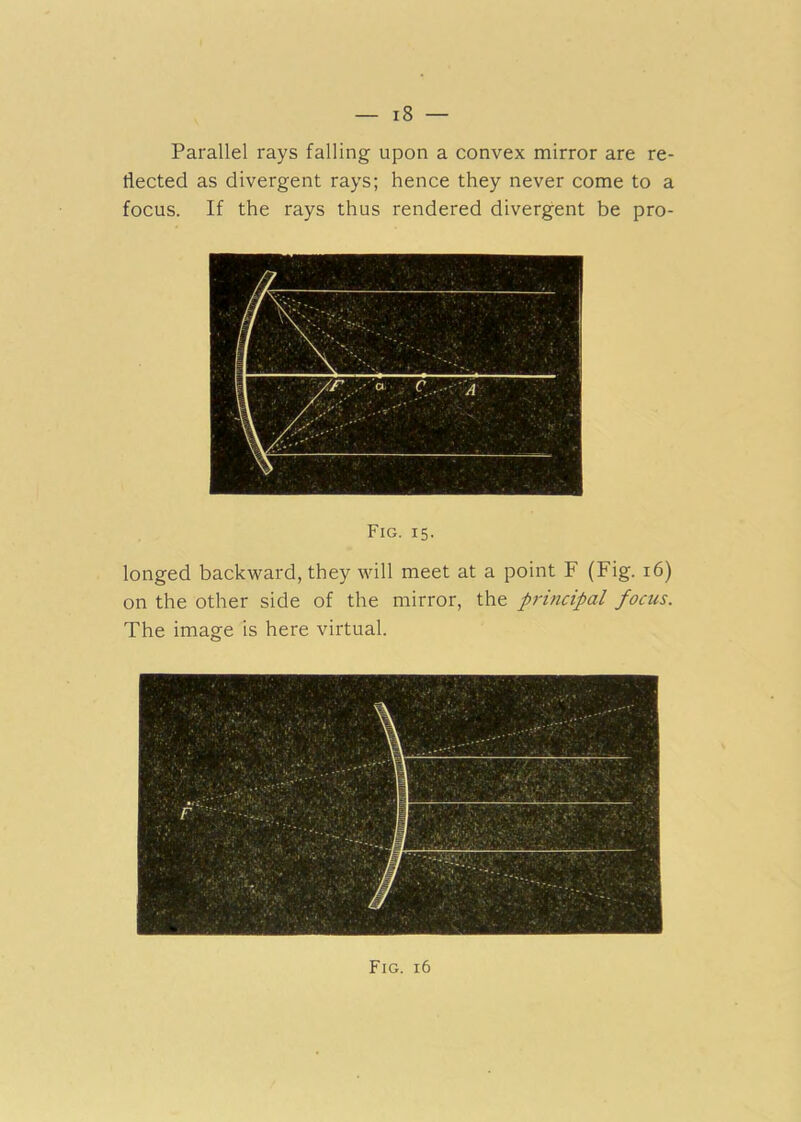 Parallel rays falling upon a convex mirror are re- flected as divergent rays; hence they never come to a focus. If the rays thus rendered divergent be pro- Fig. 15. longed backward, they will meet at a point F (Fig. 16) on the other side of the mirror, the prmcipal focus. The image is here virtual. Fig. 16