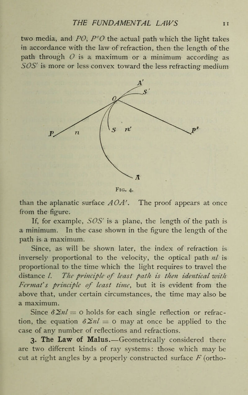 two media, and PO, P'O the actual path which the light takes in accordance with the law of refraction, then the length of the path through 0 is a maximum or a minimum according as SOS' is more or less convex toward the less refracting medium than the aplanatic surface AOA'. The proof appears at once from the figure. If, for example, SOS' is a plane, the length of the path is a minimum. In the case shown in the figure the length of the path is a maximum. Since, as will be shown later, the index of refraction is inversely proportional to the velocity, the optical path nl is proportional to the time which the light requires to travel the distance /. The principle of least path is then identical with Fermat's principle of least time, but it is evident from the above that, under certain circumstances, the time may also be a maximum. Since d^nl = o holds for each single reflection or refrac- tion, the equation d^nl = o may at once be applied to the case of any number of reflections and refractions. 3. The Law of Malus.—Geometrically considered there are two different kinds of ray systems: those which may be cut at right angles by a properly constructed surface F (ortho- Fig. 4.