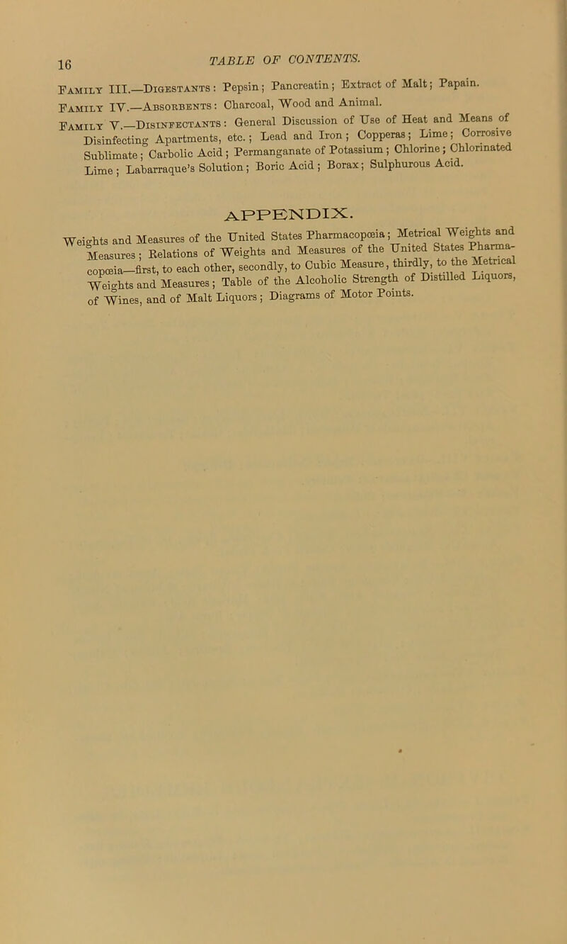Family III.—Digestants : Pepsin; Pancreatin; Extract of Malt; Papain. Family IV.— Absorbents : Charcoal, Wood and Animal. Family V —Disinfectants : General Discussion of Use of Heat and Means of Disinfecting Apartments, etc.; Lead and Iron; Copperas; Lime; Corrosive Sublimate; Carbolic Acid; Permanganate of Potassium ; Chlorine; Chlorinated Lime - Labarraque’s Solution; Boric Acid ; Borax; Sulphurous Acid. appendix. Weights and Measures of the United States Pharmacopeia; Metrical Weights and Measures ; Relations of Weights and Measures of the United States Pharma- copoeia—first, to each other, secondly, to Cubic Measure, thirdly, to the Metric Weio-hts and Measures; Table of the Alcoholic Strength of Distilled Liquors, of Wines, and of Malt Liquors ; Diagrams of Motor Points.