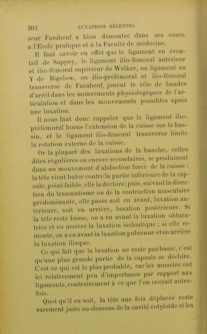 20-2 LUXATIONS KÉCENTES seur Farabeuf a bien démontré dans ses cours à l'Ecole pratique et à la Faculté de médecine. Il faut savoir en effet que le ligament en éven- tail de Sappey, le ligament ilio-fémoral antérieur et ilio-fémoral supérieur de Welker, ou ligament en Y de Bigelow, ou ilio-préfémoral et ilio-fémoral transverse de Farabeuf, jouent le rôle de bandes d'arrêt dans les mouvements physiologiques de l'ar- ticulation et dans les mouvements possibles après une luxation. Il nous faut donc rappeler que le ligament ilio- préfémoral borne l'extension de la cuisse sur le bas- sin, et le ligament ilio-fémoral transverse limite la rotation externe de la cuisse. Or la plupart des luxations de la hanche, celles dites régulières ou encore secondaires, se produisent dans un mouvement d'abduction forcé de la cuisse : la tête vient buter contre la partie inférieure de la cap- sule, point faible, elle la déchire; puis, suivant la direc- tion du traumatisme ou de la contraction musculaire prédominante, elle passe soit en avant, luxation an- térieure, soit en arrière, luxation postérieure. Si la tête reste basse, on a en avant la luxation obtura- trice et en arrière la luxation ischiatique ; si elle re- monte, on a en avantla luxation pubienne eten arrière la luxation iliaque. Ce qui fait que la luxation ne reste pas basse, c est qu'une plus grande partie de la capsule se déchire. C'est ce qui est le plus probable, caries muscles ont ici relativement peu d'importance par rapport aux ligaments, contrairement à ce que l'on croyait autre- Quoi qu'il en soit, la tête une fois déplacée reste rarement juste au-dessous de la cavité cotyloïde elles