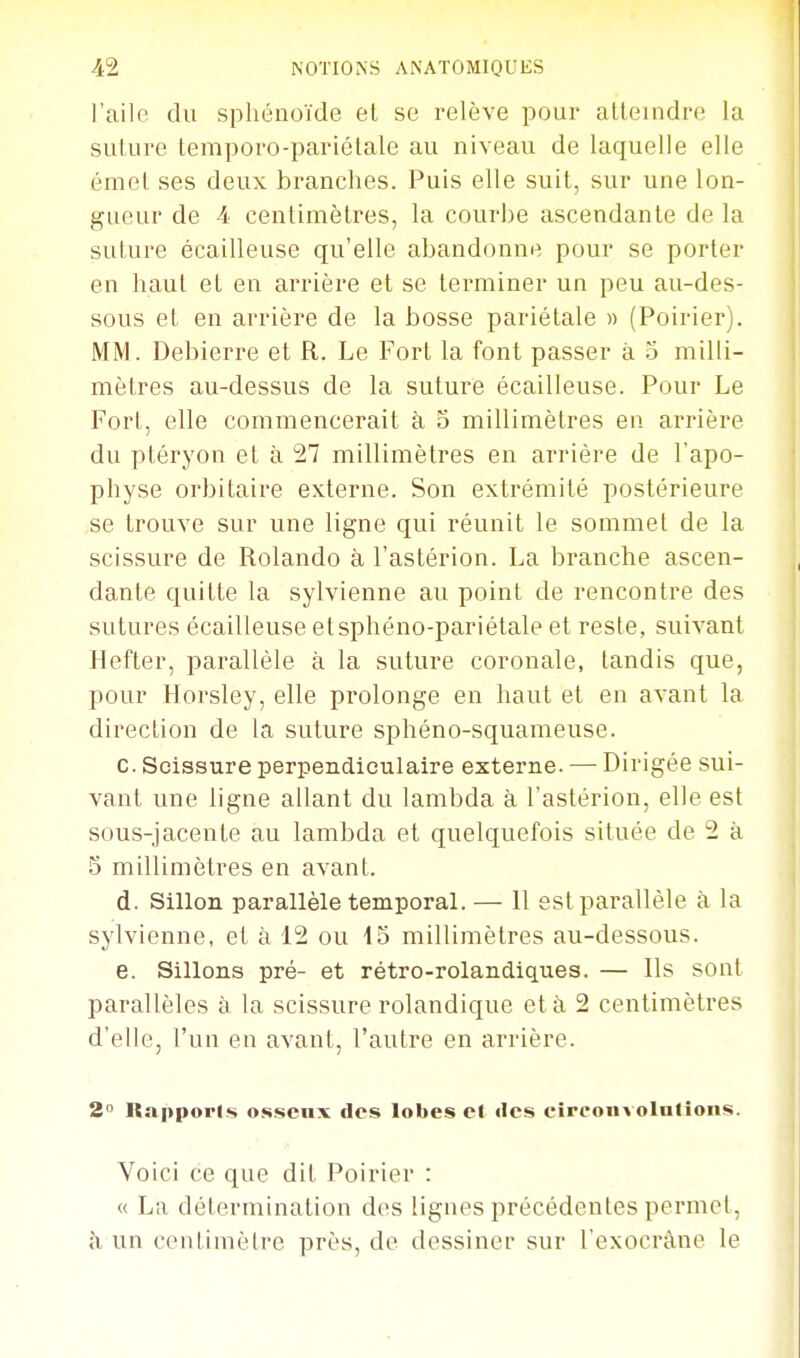 l'aile du sphénoïde et se relève pour atteindre la suture lemporo-pariétale au niveau de laquelle elle émet ses deux branches. Puis elle suit, sur une lon- gueur de 4 centimètres, la courbe ascendante de la suture écailleuse qu'elle abandonne pour se porter en haut et en arrière et se terminer un peu au-des- sous et en arrière de la bosse pariétale » (Poirier). MM. Debierre et R. Le Fort la font passer à 5 milli- mètres au-dessus de la suture écailleuse. Pour Le Fort, elle commencerait à 5 millimètres en arrière du ptéryon et à 27 millimètres en arrière de l'apo- physe orbitaire externe. Son extrémité postérieure se trouve sur une ligne qui réunit le sommet de la scissure de Rolando à l'astérion. La branche ascen- dante quitte la sylvienne au point de rencontre des sutures écailleuse etsphéno-pariétale et reste, suivant Hefter, parallèle à la suture coronale, tandis que, pour Horsley, elle prolonge en haut et en avant la direction de la suture sphéno-squameuse. c. Scissure perpendiculaire externe. — Dirigée sui- vant une ligne allant du lambda à l'astérion, elle est sous-jacente au lambda et quelquefois située de 2 à 5 millimètres en avant. d. Sillon parallèle temporal. — 11 est parallèle à la sylvienne, et à 12 ou 45 millimètres au-dessous. e. Sillons pré- et rétro-rolandiques. — Ils sont parallèles à la scissure rolandique et à 2 centimètres d'elle, l'un en avant, l'autre en arrière. 2° Itapporls osscax des lobes et des cîrconvolnlioiis. Voici ce que dit Poirier : « La détermination des lignes précédentes permet, à un centimètre près, de dessiner sur l'exocràne le