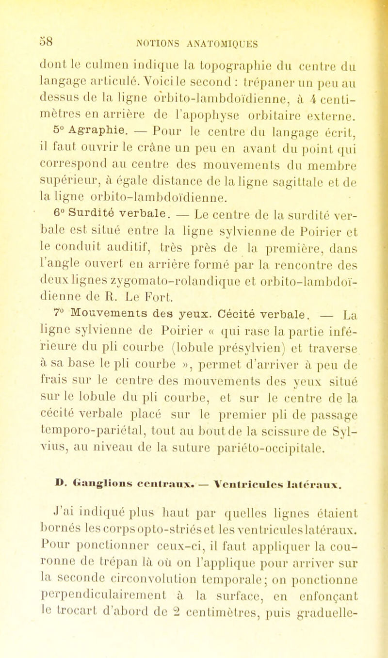 donl, lo ciilmen indique la Lopop,i-ii|)liic du cenli-e du langage arliculé. Voici le second : trépaner un peu au dessus de la ligne oVbito-lanibdoïdienne, à 4 cenLi- mètres en arrière de l'apophyse orhitaire externe. 5° Agraphie. — Pour le centre du langage écrit, il faut ouvrir le crâne un peu en avant du point (^ui correspond au centre des mouvements du mendjre supérieur, à égale distance de la ligne sagittale et de la ligne orbilo-lambdoïdienne. 6° Surdité verbale. — Le centre de la surdité ver- bale est situé entre la ligne sylvienne de Poirier et le conduit auditif, très près de la première, dans l'angle ouvert en arrière formé par la rencontre des deux lignes zygomato-rolandique et orbito-lambdoï- dienne de R. Le Fort. 7° Mouvements des yeux. Cécité verbale. — La ligne sylvienne de Poirier « qui rase la partie infé- rieure du pli courbe (lobule présylvien) et traverse à sa base le pli courbe », permet d'arriver à peu de frais sur le centre des mouvements des yeux situé sur le lobule du pli courbe, et sur le centre de la cécité verbale placé sur le premier pli de passage temporo-pariétal, tout au bout de la scissure de Syl- vius, au niveau de la suture pariéto-occipitale. D. Gauglious ccnli-smx. — A'ciilricules latéraux. J'ai indiqué plus haut par quelles lignes étaient bornés les corpsopto-striéset les ventriculcslatéraux. Pour ponctionner ceux-ci, il faut applit^uer la cou- ronne de trépan là où on l'applique pour arriver sur la seconde circonvolution temporale; on ponctionne perpendiculairement à la surface, en enfonçant le trocart d'abord de 2 centimètres, puis graduelle-