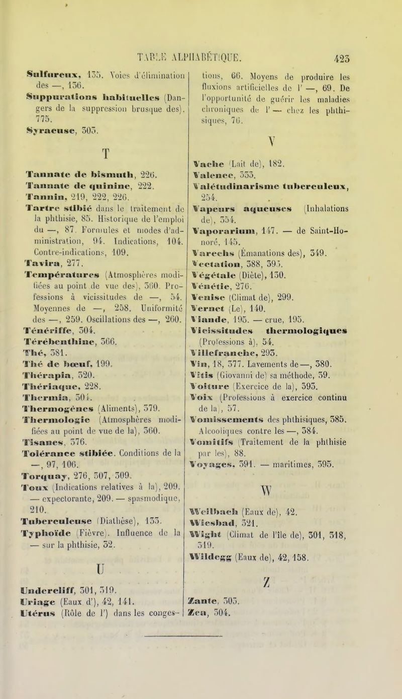 TA?.:.!-: ALlMlAr.KTlQUE Voii's il cliiaiiiatiuii Sulfureux, lô.'i. lies —, lôl). Suppurations habituelles (Dan- gers de la suppression brus(iue des). 775. Syracuse, 50r>. Tannate «le bismuth, 22G. Tannate de <|iiinine, '222. Tannin. '210, 222, 220. 'l'artre stibié dans le traitement de Ja phtliisie, 85. Historique de l'emploi du—, 87. Formules cl modes d'ad- ministralion, 9i. Indications, 104. Contre-indications, 109. Tavira, 277. Températures (Atmosphères modi- (iées au point de vue des), 5t)0. Pro- fessions à vicissitudes de —, 54. Moyennes de —, 258. Unilormité des —, 259. Oscillations des —, 200. Ténériffe, 504. Térélienthiue, ÔOC. ThtS 581. Thé «le bœuf. 109. 'l'hérapia, 520. Thériaque, 228. Tliermia, 50 k 'l'iiermo;;«'nes (.\liments), 579. Thermolo;;ie (.\lmosphères modi- fiées au point de vue de la), 300. Tisanes. 57G. Tolérance stibiée. Conditions de la — , 97, 100. Toriiuay, 270, 507, 509. Toux (Indications relatives à la), 209. — expectorante, 209. — spasmodique, 210. Tuberculeuse (Diallièse), 155. Typhoïde (Fièvre). Influence de la — sur la phtliisie, 32. TJ Underelirr, 501, 519. LViage (Eaux d'), 42, 141. 1 «anfe, 505. Utérus (Rôle de 1') dans les congés -1 Zea, 504. 425 produire les ' —, 69. De les maladies de r — chez les phthi- tioMs, Moyens de fluxions artificielles de rop|)ortunilé de guérir chroniques siqiies, 7(3. V Vaehe (Lait de), 182. Valence, 555. 1 alétiidinarisme tuberculeux, 254. %'apeurs aqueuses (Inhalations de), 55i. Taporariuni, li7. — de Saint-llo- uorL'. 1 't5. Varechs (Émanations des), 349. %ecta<ion, 588, 59). Végétale (Diète), 150. Véuétie, 270. Venise (Climat de), 299. Vernet (Le), 140. 1 iaiide, H)5. —crue, 105. Vicissitudes therniologiques (Prolèssions à), 54. 1 illerranche, 205. Vin, 18, 577. Lavements de—, 580. %'t4i» (Giovanni de) sa méthode, 59. Voîttire (Exercice de la), 595. Voi.x (Prolèssions à exercice continu de la , 57. Vomissements des phthisiques, 385. Alcooliques contre les—, 384. VomitiTs ^Traitement de la phlhisie par les), 88. Voyages. 591. — maritimes, 595. w VVeilbach (Eaux de), 42. Wîesbad, 521. Wigiit (Climat de l'île de), 301, 318, 510. (Eaux de), 42,158. IVihlegg Z