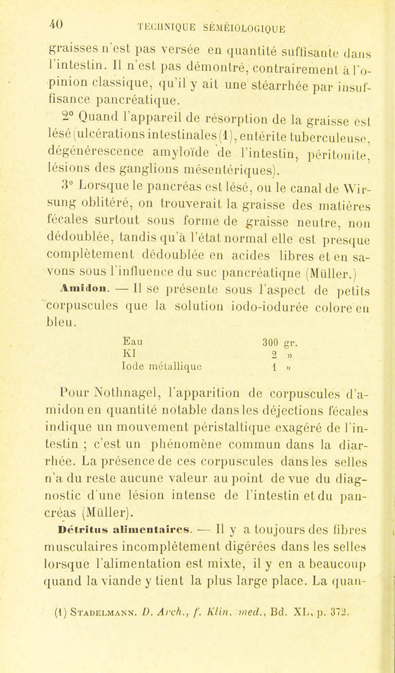 graisses n'est jms versée en quantité sùffisanlo cliuis l'intestin. Il n'est pas démontré, contrairement à l'o- pinion classique, qu'il y ail une stéarrhée par insul- fisance pancréatique. 2° Quand l'appareil de résorption de la graisse csl lésé(ulcérationsintestinales(l), entérite tuberculeuse, dégénérescence amyloïde 'de l'intestin, péritonite, lésions des ganglions mésentériques). 3° Lorsque le pancréas est lésé, ou le canal de Wir- sung oblitéré, on trouverait la graisse des matières fécales surtout sous forme de graisse neutre, non dédoublée, tandis qu'à l'état normal elle est presque complètement dédoublée en acides libres et en sa- vons sous l'influence du suc pancréatique (MuUer.) Amidon. — 11 se présente sous l'aspect de petits 'corpuscules que la solution iodo-iodurée colore en bleu. Eau 300 gr. Kl 2 » Iode mélalliquu 1 » Pour Notlinagel, l'apparition de corpuscules d'a- midon en quantité notable dans les déjections fécales indique un mouvement péristaltique exagéré de l'in- testin ; c'est un phénomène commun dans la diar- rhée. La présence de ces corpuscules dans les selles n'a du reste aucune valeur au point de vue du diag- nostic d'une lésion intense de l'intestin et du pan- créas (Millier). Détritus alimentaires. — Il y a toujours des libres musculaires incomplètement digérées dans les selles lorsque l'alimentation est mixte, il y en a beaucouf) quand la viande y tient la plus large place. La <iuau-