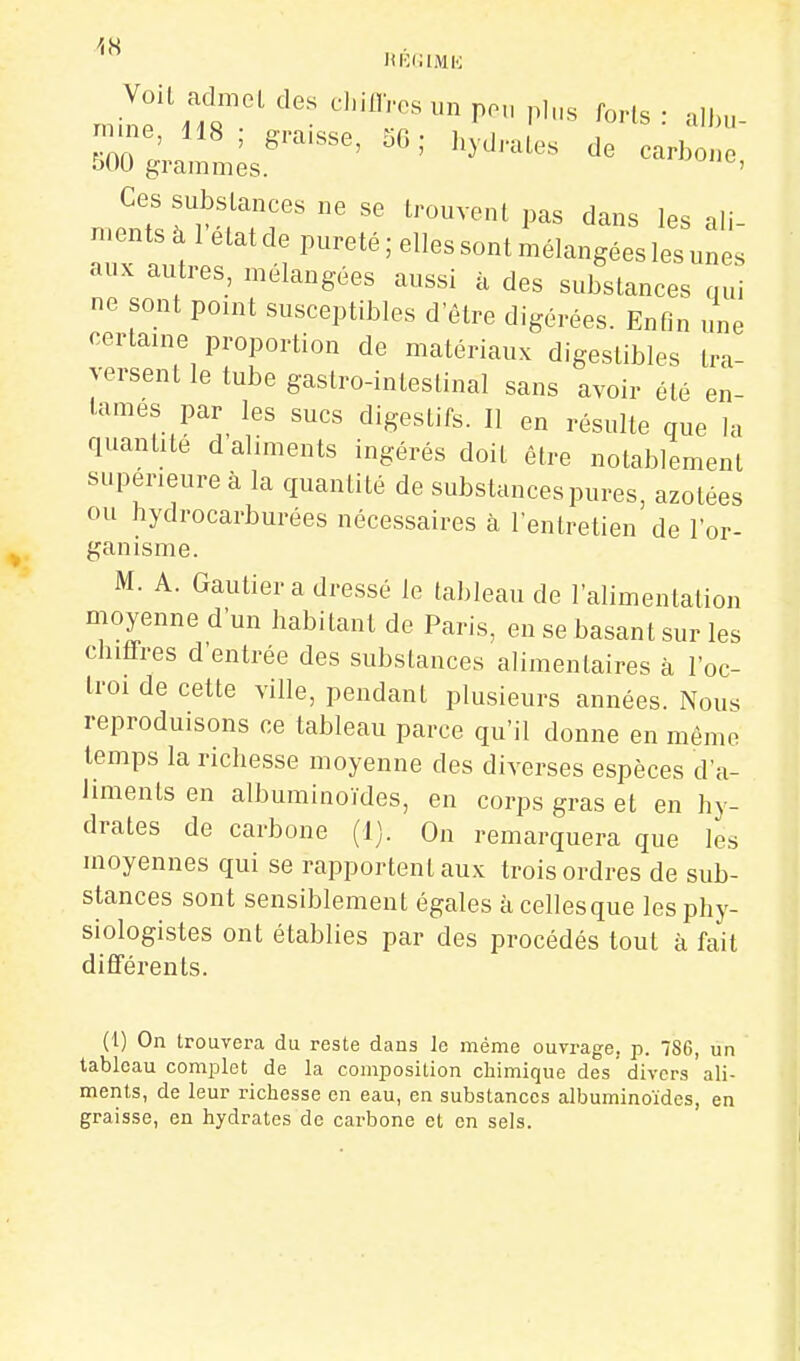 18 HKCIMI'; melTvT^?' i^^^ ali- ments à 1 état de pureté ; elles sont mélangées les unes aux autres, mélangées aussi à des substances qui ne sont point susceptibles d être digérées. Enfin une certaine proportion de matériaux digestibles tra- versent le tube gastro-intestinal sans avoir été en- tames par^ les sucs digestifs. Il en résulte que la quantité d aliments ingérés doit être notablement supérieure à la quantité de substances pures, azotées ou hydrocarburées nécessaires à lentretien de l'or- ganisme. M. A. Gautier a dressé le tableau de l'alimentation moyenne d'un habitant de Paris, en se basant sur les chiflfres d'entrée des substances alimentaires à l'oc- troi de cette ville, pendant plusieurs années. Nous reproduisons ce tableau parce qu'il donne en mémo temps la richesse moyenne des diverses espèces d'a- liments en albuminoïdes, en corps gras et en hy- drates de carbone (1). On remarquera que les moyennes qui se rapportent aux trois ordres de sub- stances sont sensiblement égales à celles que les phy- siologistes ont établies par des procédés tout à fait différents. (1) On trouvera du reste dans le même ouvrage, p. 786, un tableau complet de la composition chimique des divers ali- ments, de leur richesse en eau, en substances albuminoïdes, en graisse, en hydrates de carbone et en sels.