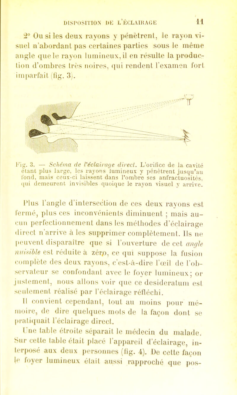 '2° Ou si les deux rayons y pénètrent, le rayon vi- suel n'abordant pas certaines parties sous le même angle que le rayon lumineux, il en résulte la produc- tion d'ombres très noires, qui rendent l'examen fort iiniiarfail jfig. 3). I''ig. 3. — Schéma de l'écUiirar/e direcl. L'orifice de la cavité étant plus large, les rayons lumineux y pénètrent jusqu'au fond, mais ceux-ci laissent dans l'ombre ses anfractuosités, qui demeurent invisibles quoique le rayon visuel y arrive. l'Ins l'angle d'intersection de ces deux rayons est fermé, plus ces inconvénients diminuent ; mais au- ciiii perfectionnement dans les méthodes d'éclairage direct n'arrive à les supprimer complètement. Ils ne peuvent disparaître que si l'ouverture de cet a/iffk ni/isihle est réduite à zér.o, ce qui suppose la fusion complète des deux rayons, c'est-à-dire l'œil de l'ob- sei'vat(!ur se confondant avec le foyer lumineux; or justement, nous allons voir que ce desideratum est seulement réalisé par l'éclairage réfléchi. il convient cependant, tout au moins pour mé- moire, de dire quelques mois de la façon dont se pratiquait l'éclairage direct. Une table étroite séparait le médecin du malade. Sur celte table était placé l'appareil d'éclairage, in- terposé aux deux personnes (iig. 4). !)(! cotte façon le foyer lumineux était aussi rni)proché que pos-