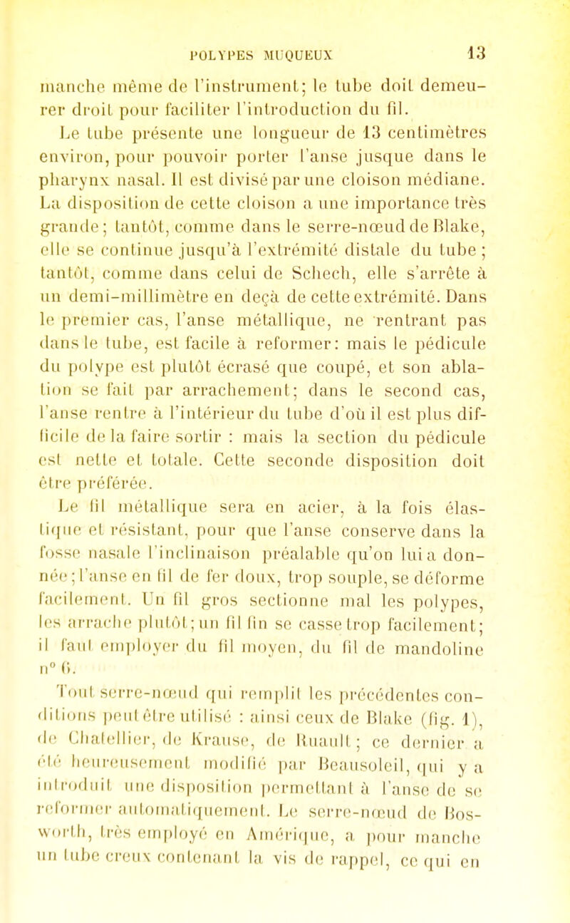 manche même de rinslrument; le tube doil demeu- rer droit pour faciliter l'introduction du fil. Le tube présente une longueur de 13 centimètres environ, pour pouvoir porter l'anse jusque dans le pharynx nasal. Il est divisé par une cloison médiane. La disposition de cette cloison a une importance très grande; tantôt, comme dans le serre-nœud de Rlake, elle se continue jusqu'à l'extrémité distale du tube ; tantôt, comme dans celui de Scliech, elle s'arrête à un demi-millimètre en deçà de cette extrémité. Dans le premier cas, l'anse métallique, ne rentrant pas dans le tube, est facile à reformer: mais le pédicule du polype est plutôt écrasé que coupé, et son abla- tion se fait par arrachement; dans le second cas, l'anse rentre à l'intérieur du tube d'où il est plus dif- ficile de la faire sortir : mais la section du pédicule est nette et totale. Cette seconde disposition doit être préférée. Le lit métallique sera en acier, à la fois élas- tique et résistant, pour que l'anse conserve dans la fosse nasale l'inclinaison préalable qu'on lui a don- née ;ranse en fil de fer doux, trop souple, se déforme facilement. Un fil gros sectionne mal les polypes, les arrache plutôt; un fil fin se casse trop facilement; il faut employer du fil jnoyen, du fil de mandoline n (•>. Tout serre-nœud qui remplil les précédentes con- ditions peut être utilisé : ainsi ceux de Blake (iig. 1), de Chatellier, de Krause, de Ruaidt; ce dernier a été heureusement modifie' pur Beausoleil, qui y a iniroduit une disposition permettant à l'anse de se reformer automatiquement. Le serre-nœud de 13os- vvorth, très employé en Amériqne, a pour manche un tube creux contenant la vis de rappel, ce qui en