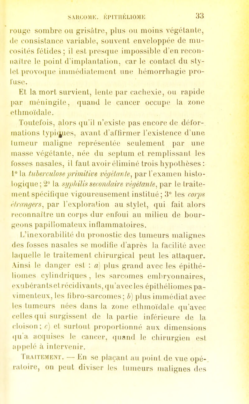 rouge sombre ou grisâtre, plus ou moins végéLanle, (le consistance varial)le, souvent enveloppée de mu- cosités fétides ; il est ])resfjue impossible d'en recoii- iiaitre le point d'im|)lantation. car le contact du sty- let provoque immédiatement une hémorrhagie pro- l'use. Et la mort survient, lente par cachexie, ou rapide par méningite, quand le cancer occupe la zone ethmoïdale. Toutefois, alors qu'il n'exisie pas encore de défor- mations typicjues, avant d'affirmer l'existence d'une lumeur maligne i-eprésentée seulement par une masse végétante, née du septum et remplissant les fosses nasales, il faut avoir éliminé trois hypothèses : t la tuhei'culoseprimitive végétcmte^ par l'examen histo- logique; 2° la si/j^Mlis secondaire végéiante, par le traite- ment spécifique vigoureusement institué; 3° les corps clrangers^ par l'exploration au stylet, qui fait alors reconnaître un corps dur enfoui au milieu de bour- geons papillomateux inflammatoires. L'inexorabilité du pronostic des tumeurs malignes des fosses nasales se modifie d'après la facilité avec laquelle le traitement chirurgical peut les attaquer. Ainsi le danger est : à] plus grand avec les épithé- liomes cylindriques , les sarcomes embryonnaires, exLibéranIsetrécidivai!ts,qu'avecles épithéliomespa- vimenteux, les fibi-o-sarcomes; b) plus immédiat avec les tumeurs nées dans la zoniî ethmoïdale qu'avec celles qui surgissent de la partie inférieure de la cloison; c) et surloiit j)ro[)oi-tiouué aux dimensions (|u'a ac(iuises le cancei-, (piand le chirurgien est nppelé à intervenir. ÏH.ArriîMKiNT. — En se ()la(;aiit au point de vue opé-, raloire, on peut diviser les tumeurs nuUignes des