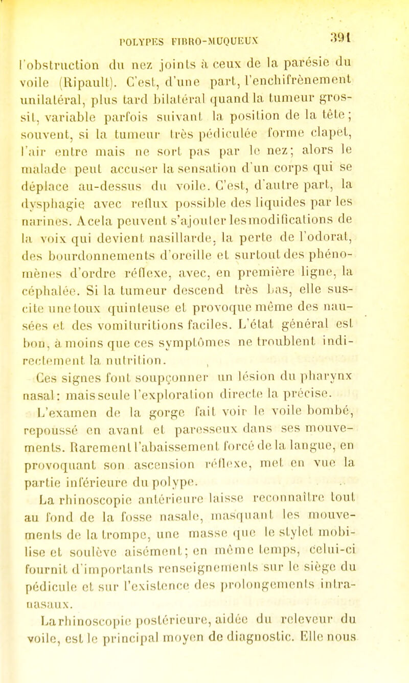 l'OLYPKS l'inRO-MUOUIîUX -vyi robstniclion du nez joints à ceux de la parésie du voile (Ripault). C'est, d'une part, l'enchifrènement unilatéral, plus tard hilatéral quand la tumeur gros- sit, variable parfois suivant la position de la tête ; souvent, si la tumeur très pédicidée forme clapet, l'ail- entre mais ne sort pas par le nez; alors le nudade peut accuser la sensation d'un corps qui se déplace au-dessus du voile. C'est, d'autre part, la dyspliagie avec redux possible des liquides par les narines. Acela peuvent s'ajouter lesmodifications de la voix qui devient nasillarde, la perte de l'odorat, des bourdonnements d'oreille et surtout des phéno- mènes d'ordre réflexe, avec, en première ligne, la céphalée. Si la tumeur descend très lias, elle sus- cite une toux quinteuse et provoque même des nau- sées et des vomituritions faciles. L'étal général est bon, à moins que ces symptômes ne troublent indi- rectement la nutrition. Ces signes font soupçonner im lésion du pharynx nasal: mais seule l'exploration directe la précise. L'examen de la gorge fait voir le voile bombé, repoussé en avant et paresseux dans ses mouve- ments. Rarement l'al)aissement forcé delà langue, en provoquant son ascension réflexe, met en vue la partie inférieure du polype. La rhinoscopie antérieure laisse reconnaître tout au fond de la ft)sse nasale, masquant les mouve- ments de la trompe, une masse que le stylet mobi- lise et soulève aisément; en même temps, celui-ci fournit d'importants renseignements sur le siège du pédicule et sur l'existence des prolongements intra- uasaux. Larhinoscopie postérieure, aidée du releveur du voile, est le principal moyen de diagnostic. Elle nous