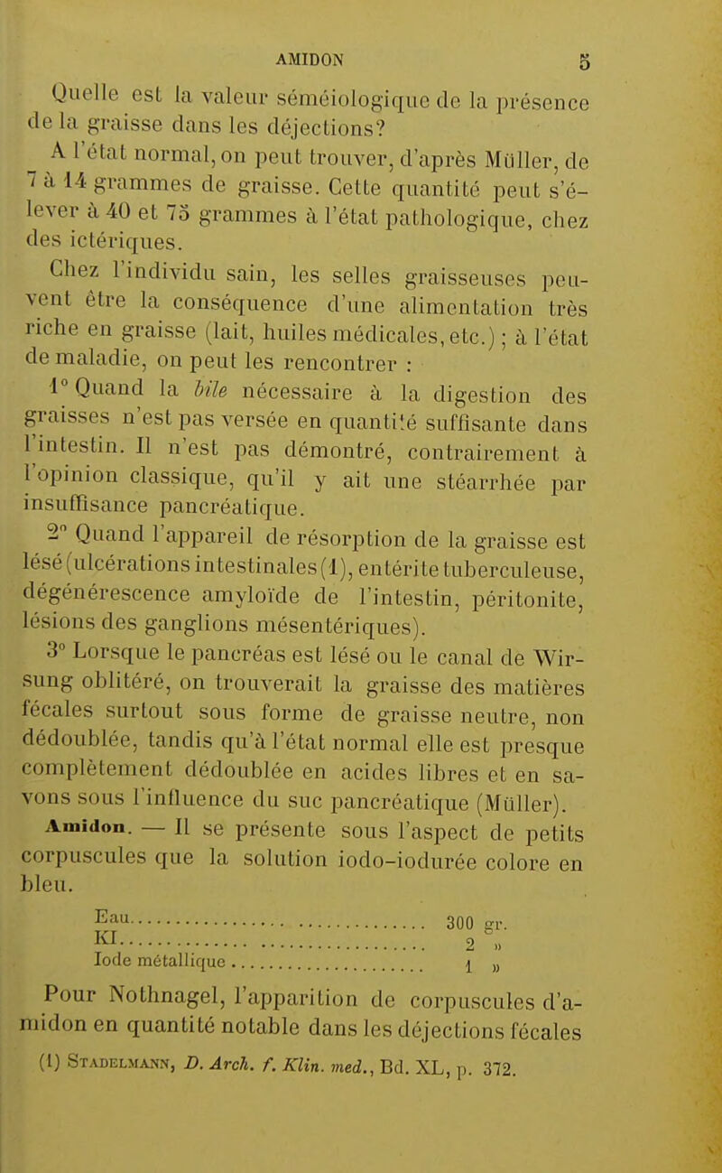 AMIDON 3 Quelle est la valeur séinéiologique de la présence de la graisse dans les déjections? A l'état normal, on peut trouver, d'après Millier, de 7 à 14 grammes de graisse. Cette quantité peut s'é- lever à 40 et 75 grammes à l'état pathologique, chez des ictériques. Chez l'individu sain, les selles graisseuses peu- vent être la conséquence d'une alimentation très riche en graisse (lait, huiles médicales, etc.) ; à l'état de maladie, on peut les rencontrer : 1° Quand la Me nécessaire à la digestion des graisses n'est pas versée en quantité suffisante dans l'intestin. Il n'est pas démontré, contrairement à l'opinion classique, qu'il y ait une stéarrhée par insuffisance pancréatique. 2° Quand l'appareil de résorption de la graisse est lésé (ulcérations intestinales (1), entérite tuberculeuse, dégénérescence amyloïde de l'intestin, péritonite, lésions des ganglions mésentériques). 3° Lorsque le pancréas est lésé ou le canal de Wir- sung oblitéré, on trouverait la graisse des matières fécales surtout sous forme de graisse neutre, non dédoublée, tandis qu'à l'état normal elle est presque complètement dédoublée en acides libres et en sa- vons sous l'influence du suc pancréatique (Muller). Amidon. — Il se présente sous l'aspect de petits corpuscules que la solution iodo-iodurée colore en bleu. Eau 300 ev. Kl 2 „ Iode métallique 1 „ Pour Nothnagel, l'apparition de corpuscules d'a- midon en quantité notable dans les déjections fécales (1) Stadelmann, D. Arch. f. Klin. med., Bd. XL, p. 372.