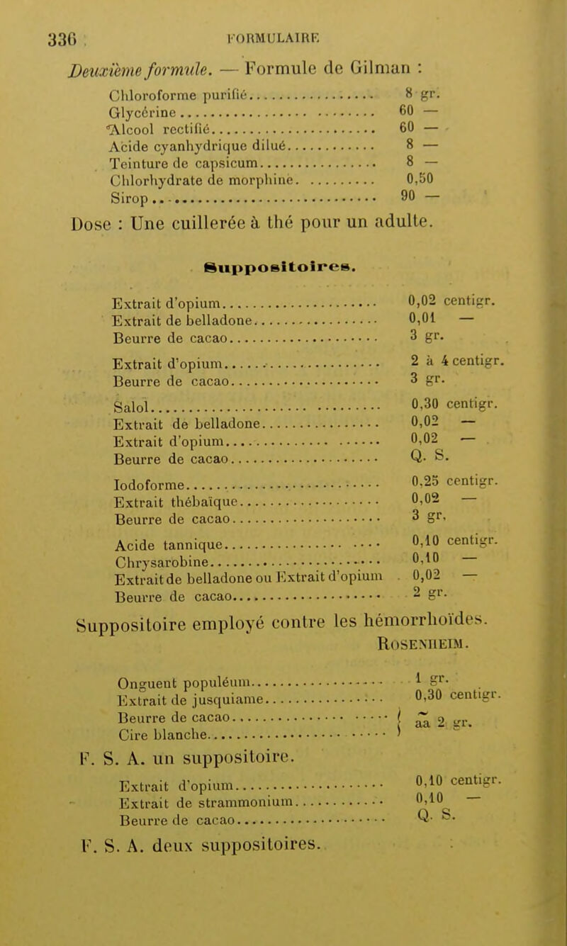 roRMULAirtr. Deuxième formule. — Formule de Gilmun : Chloroforme purifié 8 gr. Glycérine 60 — ■Alcool rectifié 60 — Acide cyanhydrique dilué 8 — Teinture de capsicum 8 — Chlorhydrate de morphine 0,50 Sirop..- 90 — Dose : Une cuillerée ù. thé pour un adulte. Suppositoires. Extrait d'opium 0,02 centigr. Extrait de belladone 0,01 — Beurre de cacao 3 gr. Extrait d'opium 2 à 4 centigr. Beurre de cacao 3 gr. Salol 0-30 centigr. Extrait de belladone 0,02 — Extrait d'opium 0,02 — Beurre de cacao Q. S. Iodoforme 0,25 centigr. Extrait thébaïque 0,02 Beurre de cacao 3 gr. Acide tannique °40 centi-r. Chrysarobine 0,10 Extrait de belladone ou Extrait d'opium 0,02 — Beurre de cacao 2 gr. Suppositoire employé contre les hémorrlioïdes. ROSENREIM. Onguent populéum 1 or- Extrait de jusquiame 0^30 centigr. Beurre de cacao j ^ 2 Cire blanche ' F. S. A. un suppositoire Extrait d'opium 0,10 centigr. Extrait de strammonium 0,10 Beurre de cacao Q- F. S. A. deux supposiLoires.