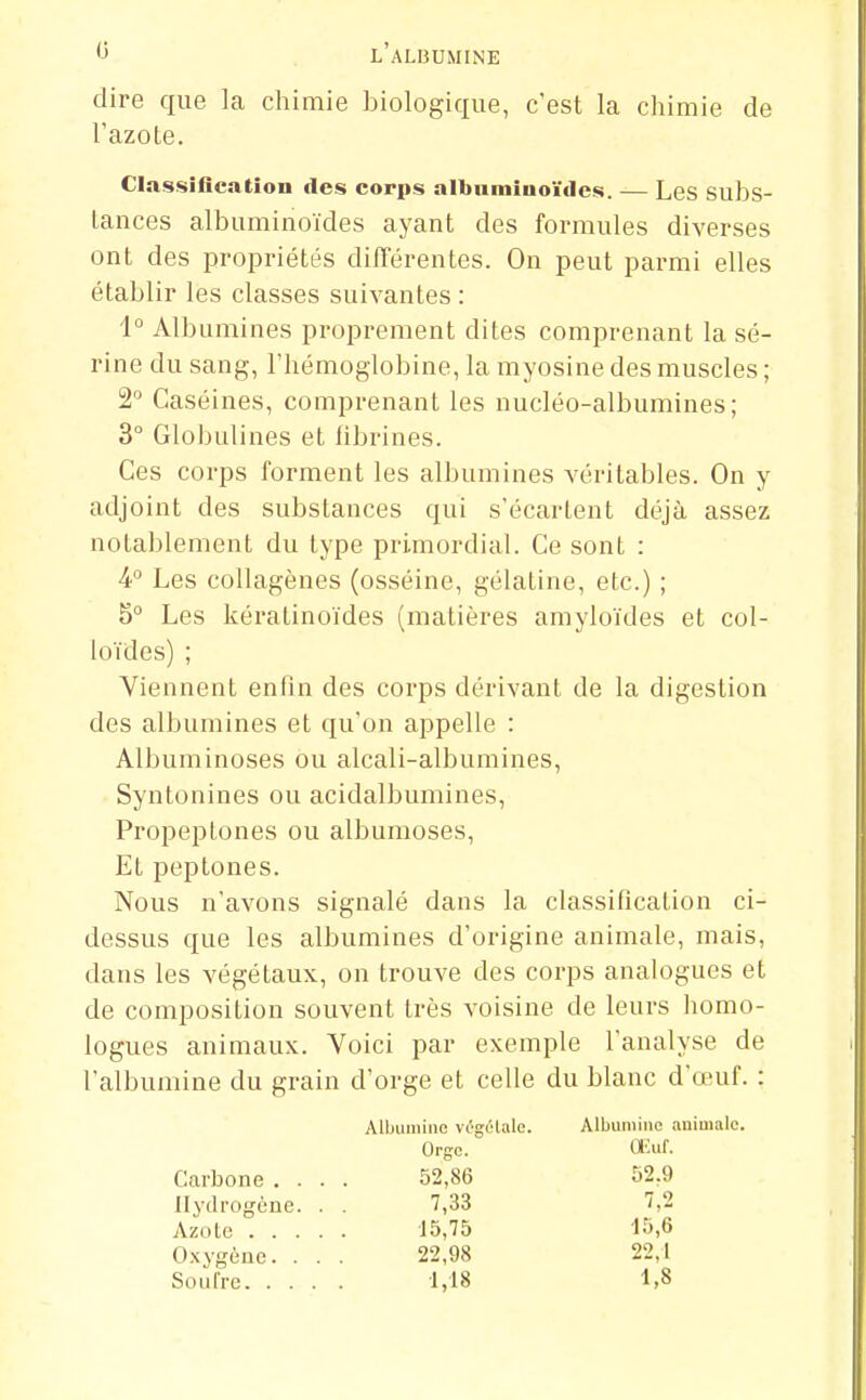 dire que la chimie biologique, c'est la chimie de l'azole. Classification des corps albnminoïilcs. — Les subs- tances albuminoïdes ayant des formules diverses ont des propriétés difTérentes. On peut parmi elles établir les classes suivantes : 1° Albumines proprement dites comprenant la sé- rine du sang, l'hémoglobine, la myosine des muscles ; 2 Caséines, comprenant les nucléo-albumines; 3° Globulines et librines. Ces corps forment les albumines véritables. On y adjoint des substances qui s'écartent déjà assez notablement du type primordial. Ce sont : 4 Les collagènes (osséine, gélatine, etc.) ; 5° Les kératinoïdes (matières amyloïdes et col- loïdes) ; Viennent enfin des corps dérivant de la digestion des albumines et qu'on appelle : Album inoses ou alcali-albumines, Syntonines ou acidalbumines, Propei^tones ou albumoses, Et peptones. Nous n'avons signalé dans la classification ci- dessus que les albumines d'origine animale, mais, dans les végétaux, on trouve des corps analogues et de composition souvent très voisine de leurs homo- logues animaux. Voici par exemple l'analyse de l'albumine du grain d'orge et celle du blanc d'œuf. : Albumine vi^gétale. Albumine animale. Carbone . . . Hydrogène. . Azote . . . . Oxygène. . . Soufre. . . . Orge. 52,86 7,33 15,75 22,98 1,18 Œuf. 52.9 7,2 15,6 22,1 1,8