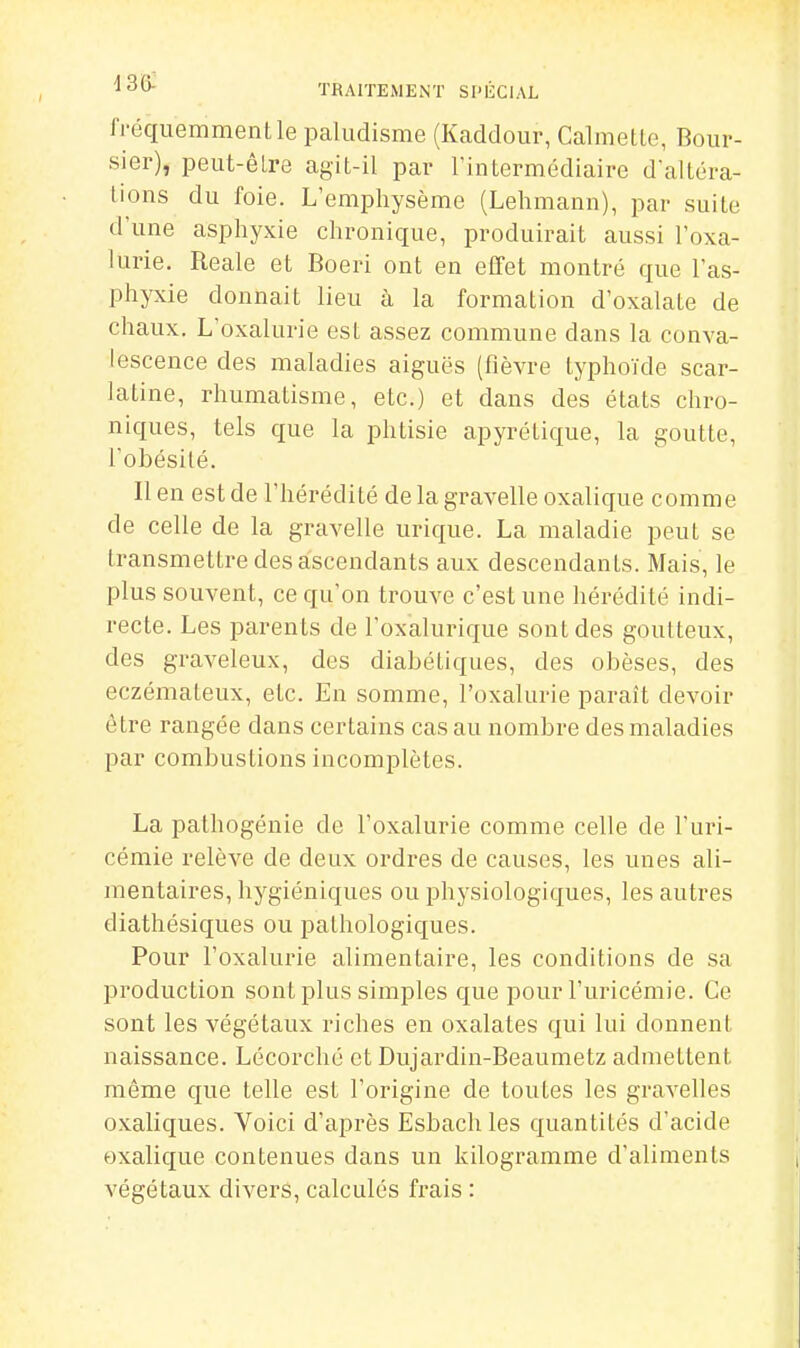 fréquemment le paludisme (Kaddour, Calmetle, Bour- sier), peut-êLre agit-il par l'intermédiaire d'altéra- tions du foie. L'emiDhysème (Lehmann), par suite d'une asphyxie chronique, produirait aussi l'oxa- lurie. Reale et Boeri ont en effet montré que l'as- phyxie donnait lieu à la formation d'oxalate de chaux. L'oxalurie est assez commune dans la conva- lescence des maladies aiguës (fièvre typhoïde scar- latine, rhumatisme, etc.) et dans des états chro- niques, tels que la phtisie apyrétique, la goutte, l'obésité. Il en est de l'hérédité delagravelle oxalique comme de celle de la gravelle urique. La maladie peut se transmettre des ascendants aux descendants. Mais, le plus souvent, ce qu'on trouve c'est une hérédité indi- recte. Les parents de l'oxalurique sont des goutteux, des graveleux, des diabétiques, des obèses, des eczémateux, etc. En somme, l'oxalurie paraît devoir être rangée dans certains cas au nombre des maladies par combustions incomplètes. La pathogénie de l'oxalurie comme celle de l'uri- cémie relève de deux ordres de causes, les unes ali- mentaires, hygiéniques ou physiologiques, les autres diathésiques ou pathologiques. Pour l'oxalurie alimentaire, les conditions de sa production sont plus simples que pour l'uricémie. Ce sont les végétaux riches en oxalates qui lui donnent naissance. Lécorché et Dujardin-Beaumetz admettent même que telle est l'origine de toutes les gravehes oxaliques. Voici d'après Esbachles quantités d'acide oxalique contenues dans un kilogramme d'aliments végétaux divers, calculés frais :