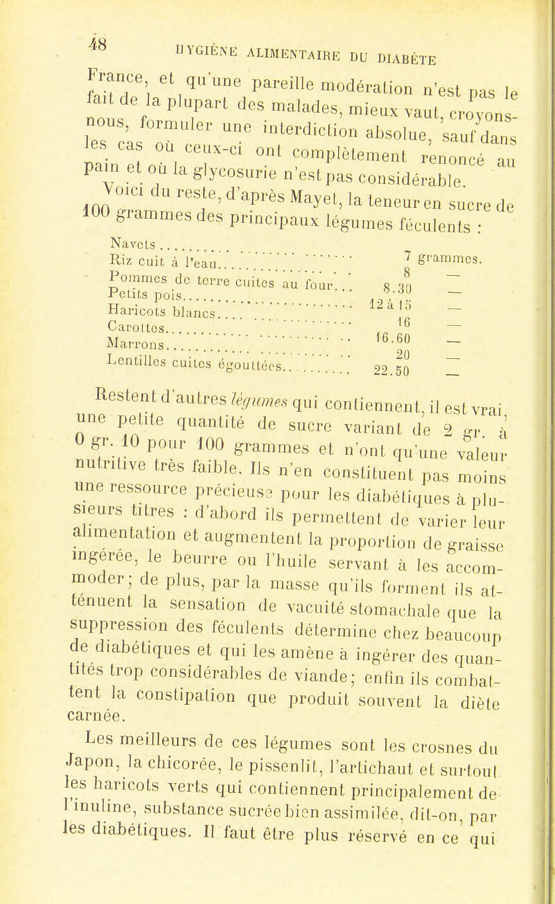 France et qu'une pareille modéralion n'est pas le fait de la plupart des malades, mieux vaut cro,I nous formuler une interdiction absolue, 3: Zn lL VT'' complètement renoncé au pain et ou la glycosurie nestpas considérable Voici du reste, d'après Mayet, la teneur en sucre de 100 grammes des principaux légumes féculents : Navets Riz cuit à l'eau!.'..'.'.'.' 7 grammes. Pommes de terre cui't'c's'au'four'. ' s 'fn ~ Petits pois -ij • ~ Haricots blancs..'.'.'- Carottes _ — Marrons '.'.'.■.'. '/ ' ''^f - Lentilles cuites égouttécs!...''.'.'..'■ 22.50 — Restent d'autres Z^y.o».. qui contiennent, il est vrai une petite quantité de sucre variant de 2 ^ Ogr 10 pour 100 grammes et n'ont qu'une ^îtleu; nutritive très faible. Ils n'en constituent pas moins une ressource précieusa pour les diabétiques à plu- sieurs titres : d'abord ils permettent de varier Lu- alimentation et augmentent la proportion de graisse ingérée, le beurre ou l'huile servant à les accom- moder; de plus, par la masse qu'ils forment ils at- ténuent la sensation de vacuité stomachale que la suppression des féculents détermine chez beaucoup de diabétiques et qui les amène à ingérer des quan- tités trop considérables de viande; enlin ils combal- tent la constipation que produit souvent la diète carnée. Les meilleurs de ces légumes sont les cro.snes du Japon, la chicorée, le pissenlit, l'artichaut et surtout les haricots verts qui contiennent principalement de l'inuline, substance sucrée bien assimilée, dit-on, par les diabétiques. Il faut être plus réservé en ce' qui